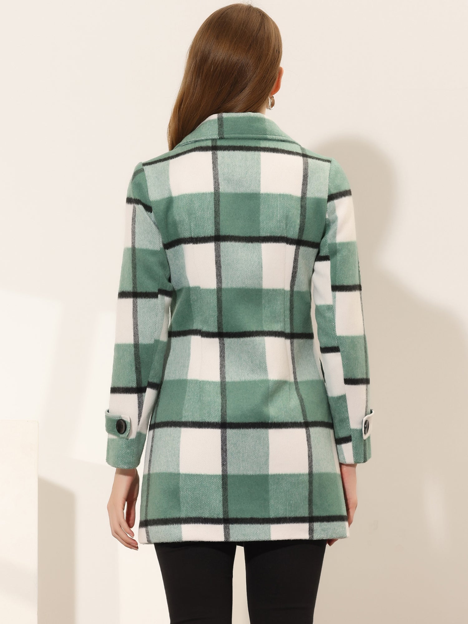 Buffalo Checks Double Breasted Notched Lapel Plaid Trench Pea Coat
