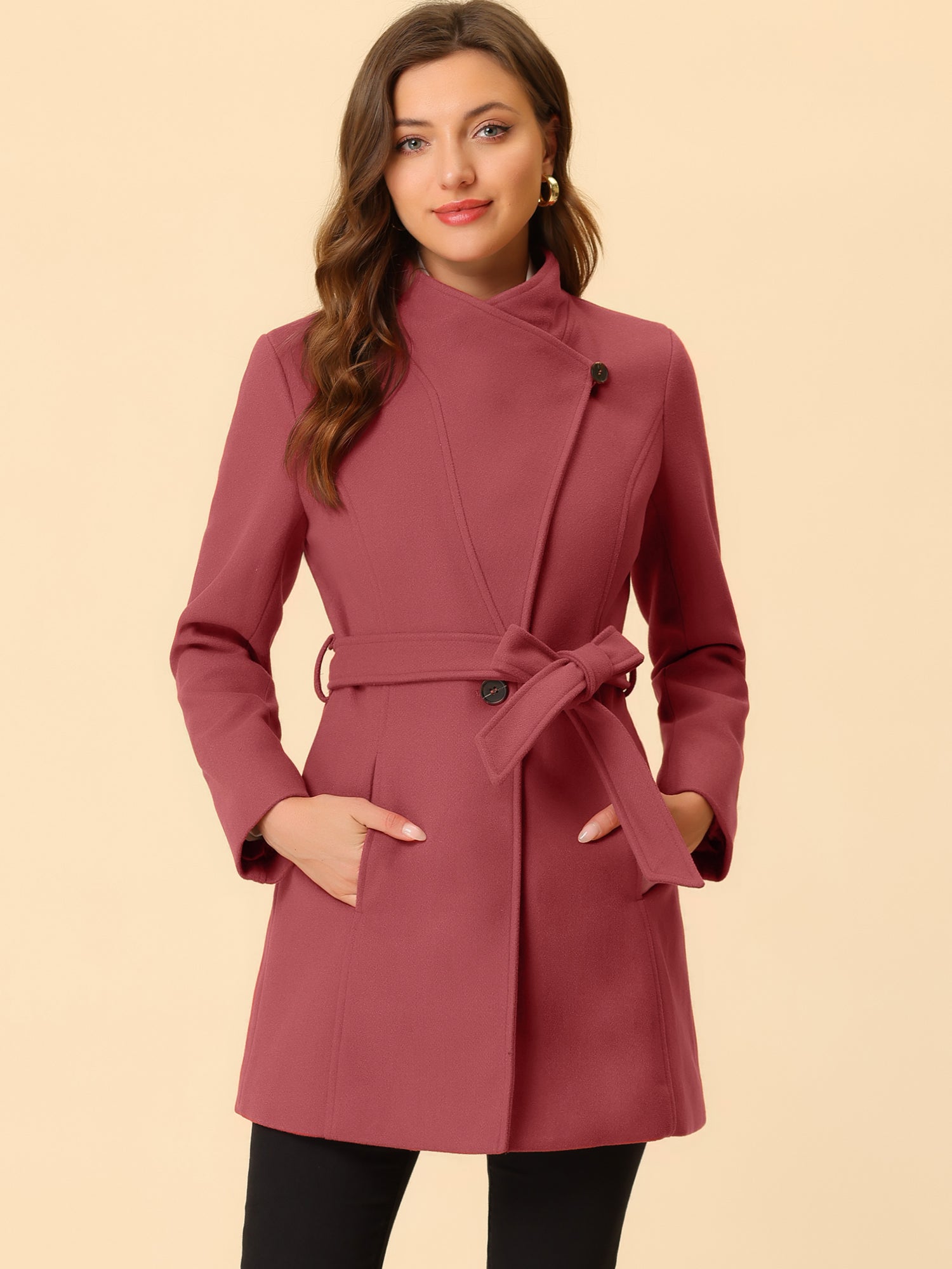 Classic Stand Collar Long Sleeve Belted Winter Coat