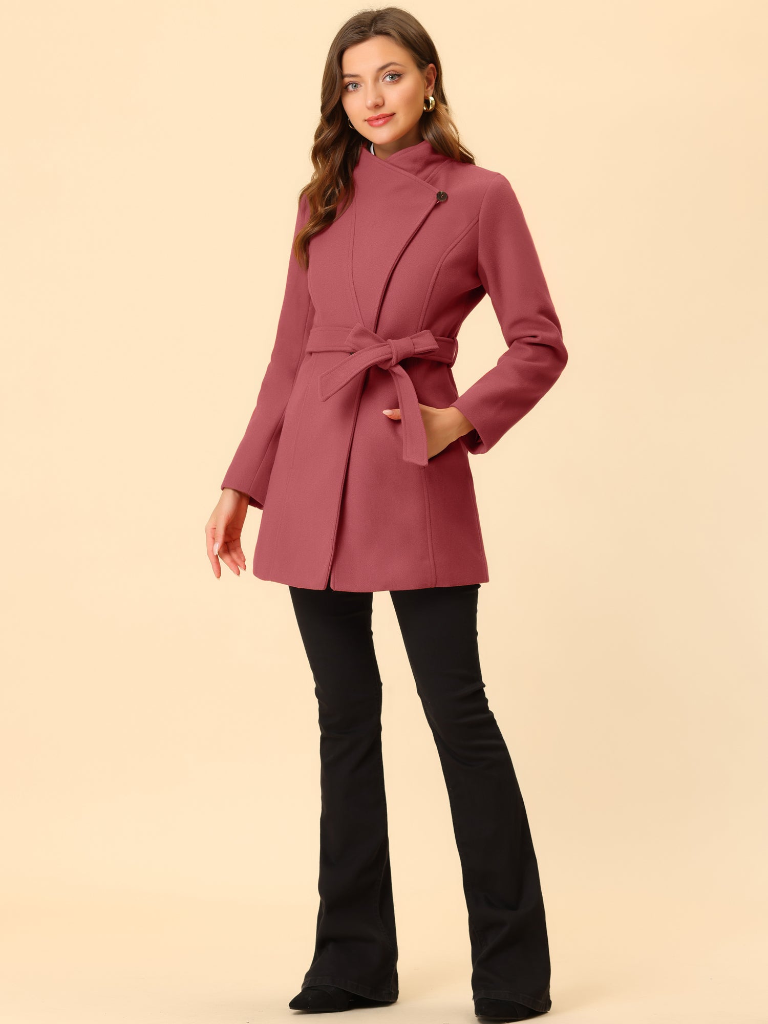 Classic Stand Collar Long Sleeve Belted Winter Coat