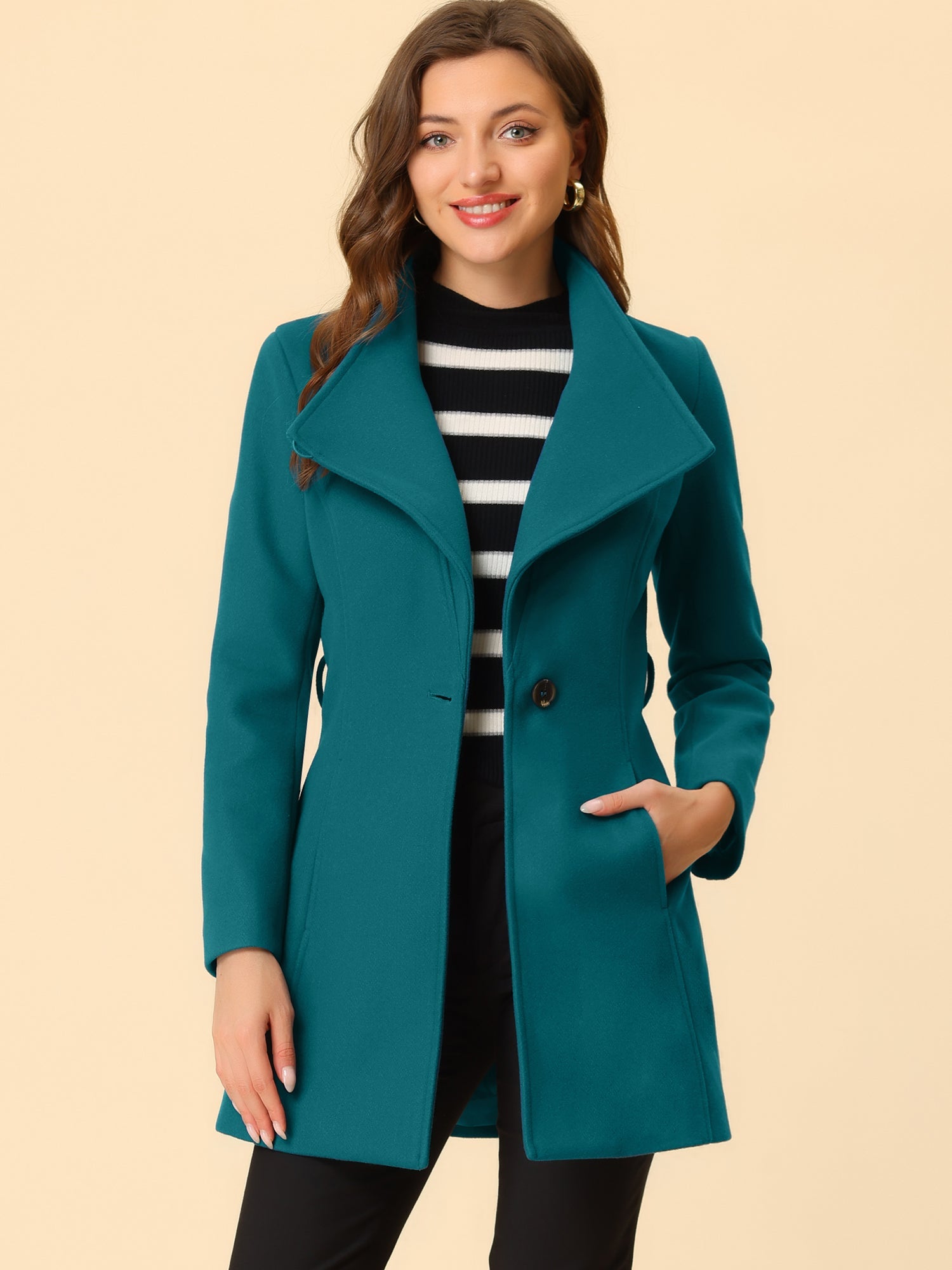 Classic Stand Collar Long Sleeve Belted Winter Coat