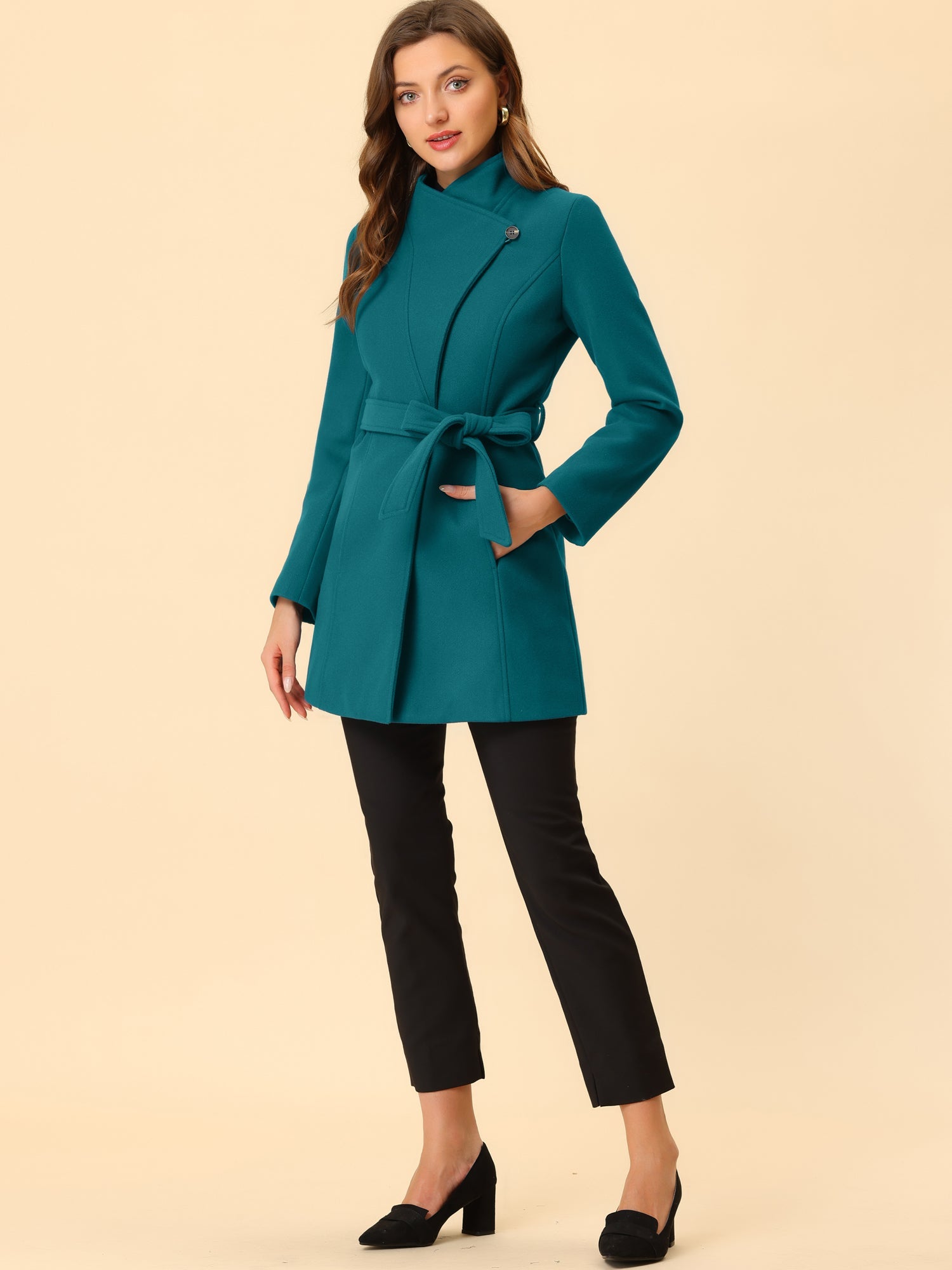 Classic Stand Collar Long Sleeve Belted Winter Coat