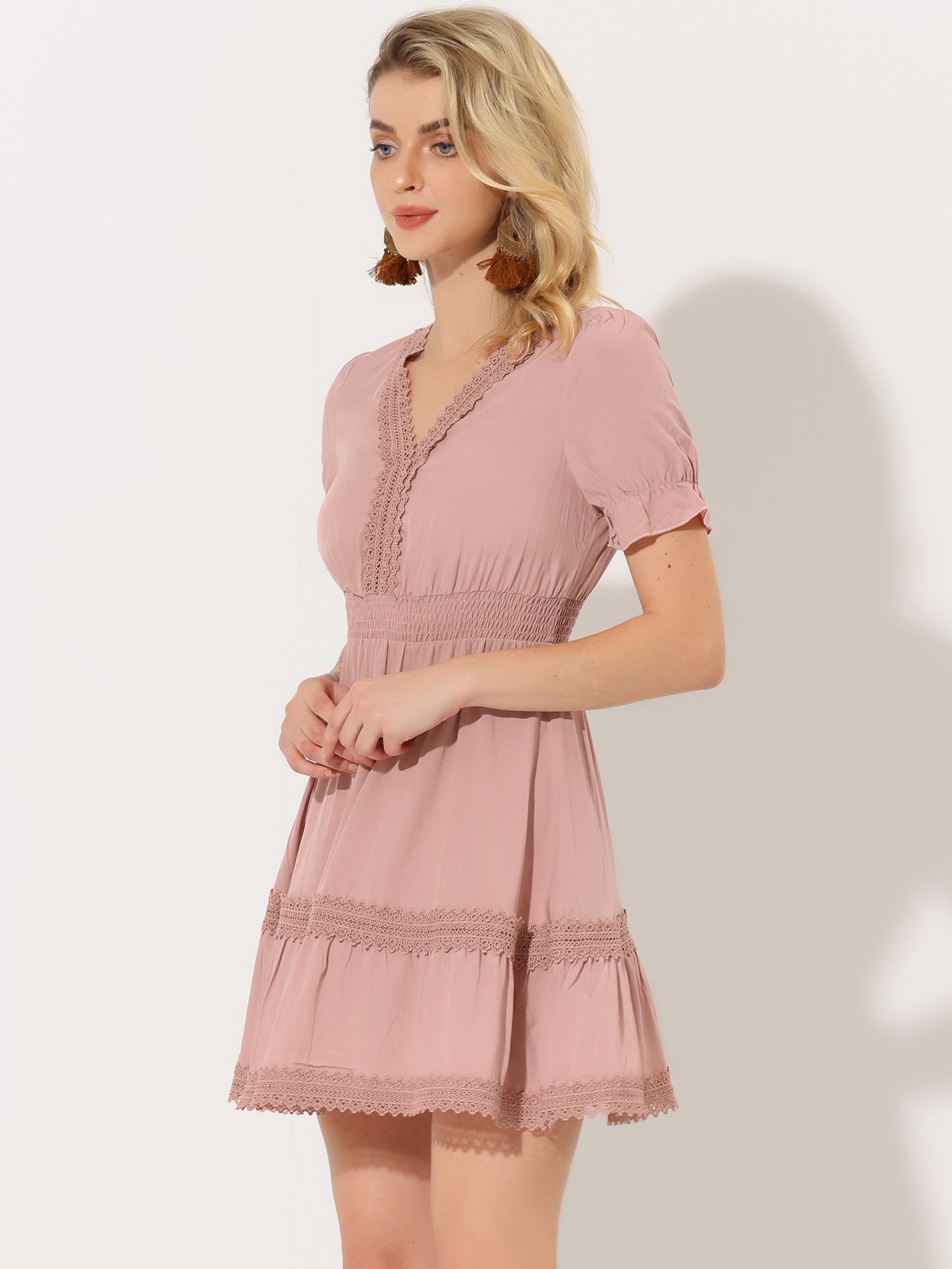 Boho Puff Sleeve V Neck Smocked Waist Ruffled Tiered Dress