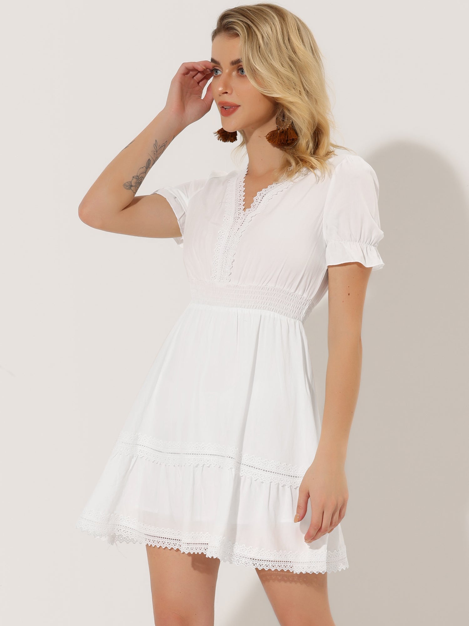 Boho Puff Sleeve V Neck Smocked Waist Ruffled Tiered Dress