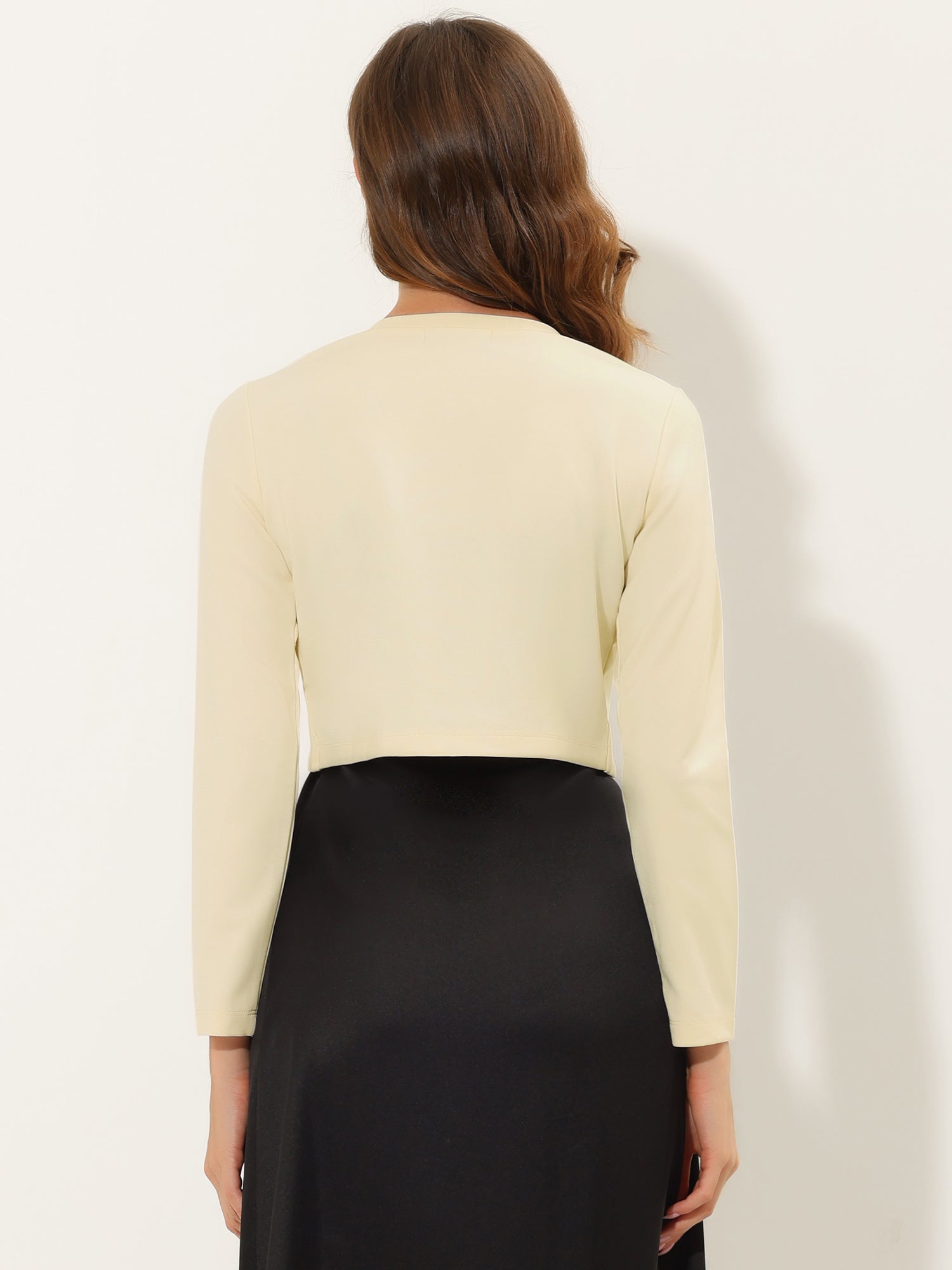 Curved Hem Long Sleeves Open Front Cropped Jacket Bolero Shrug