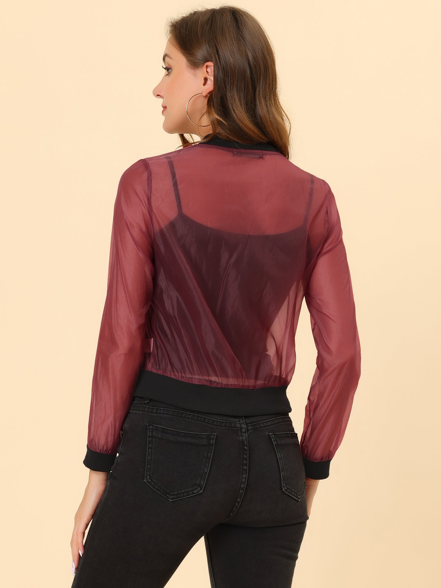 Zip Up See Through Lightweight Long Sleeve Mesh Bomber Jacket