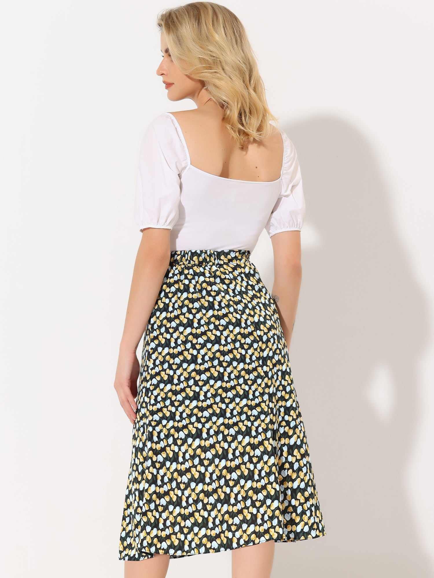 Floral Peasant Elastic Waist A-Line Ditsy Leave Midi Skirt
