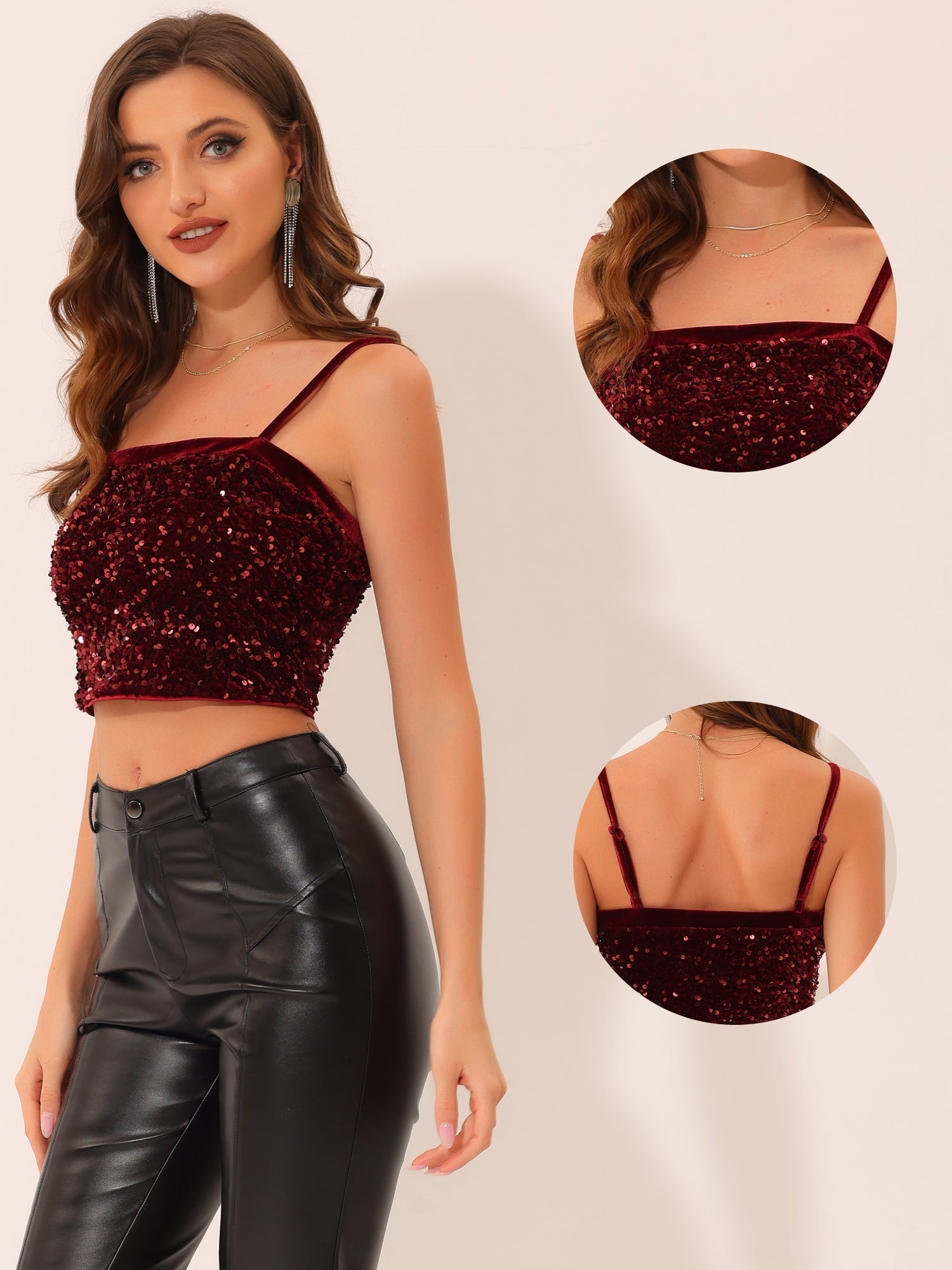Sequined Velvet Spaghetti Strap Club Party Cropped Cami Top