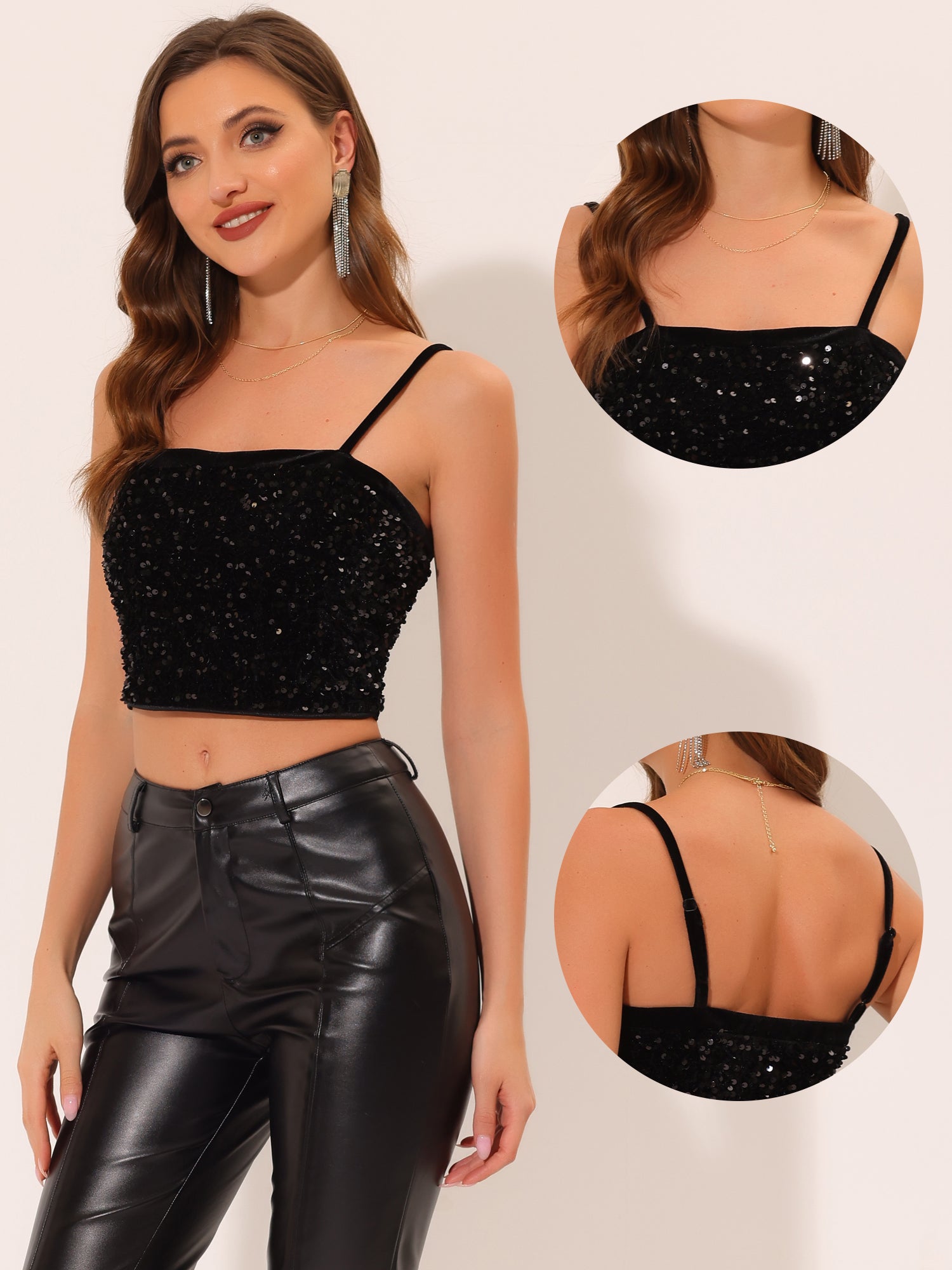 Sequined Velvet Spaghetti Strap Club Party Cropped Cami Top