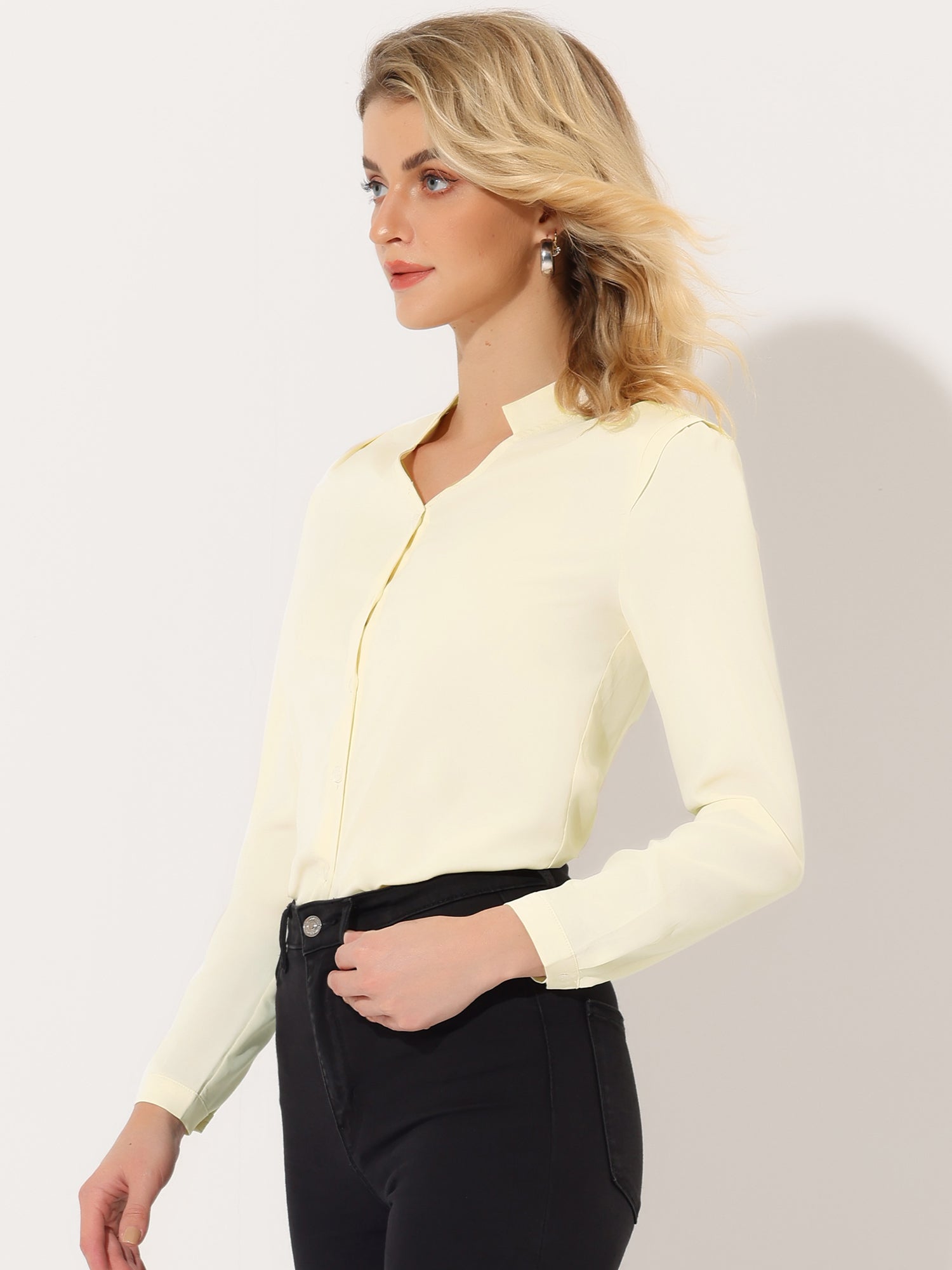 Work Office Blouse Button Up Long Sleeve V Neck Chiffon Shirt