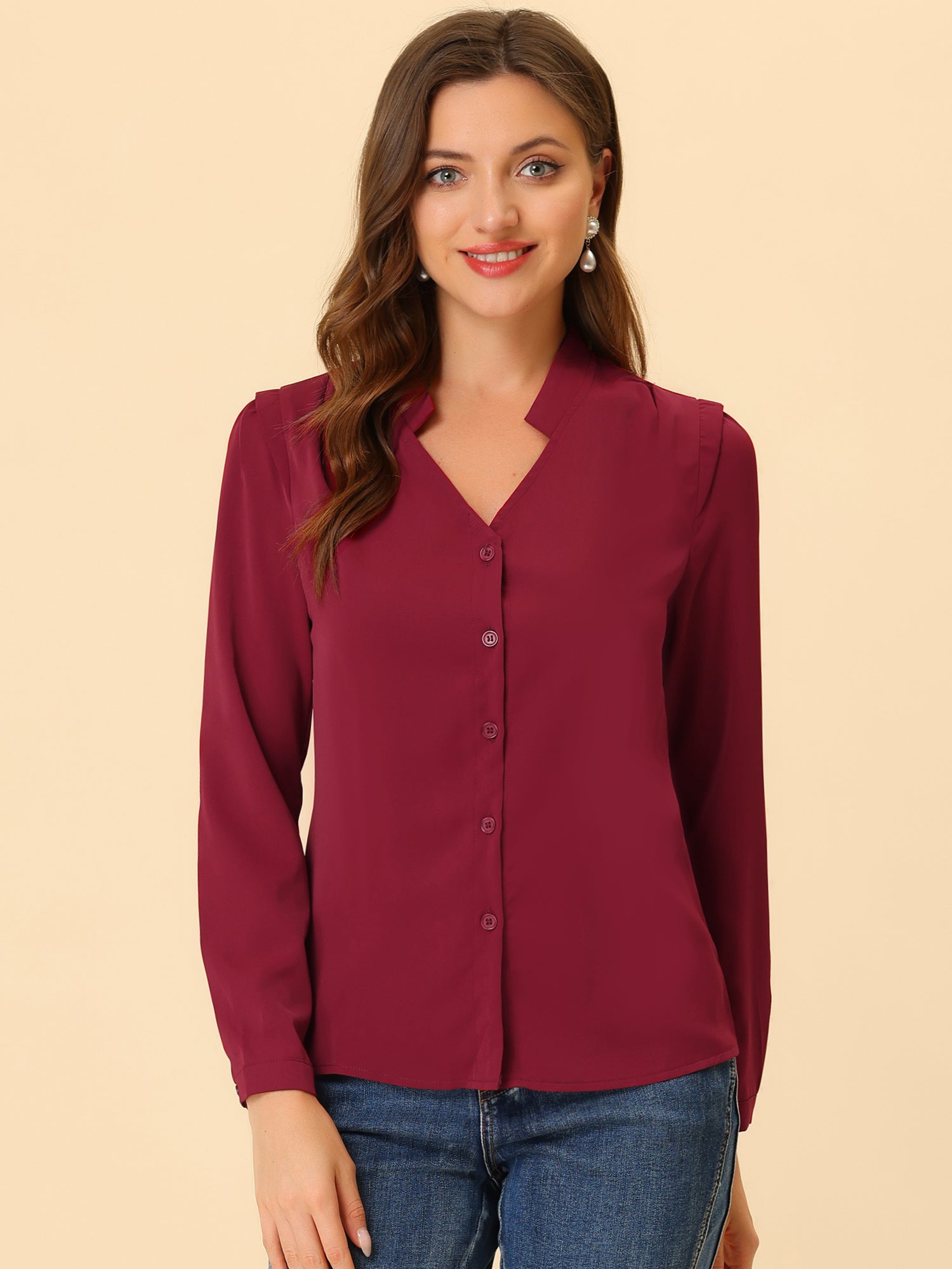 Work Office Blouse Button Up Long Sleeve V Neck Chiffon Shirt