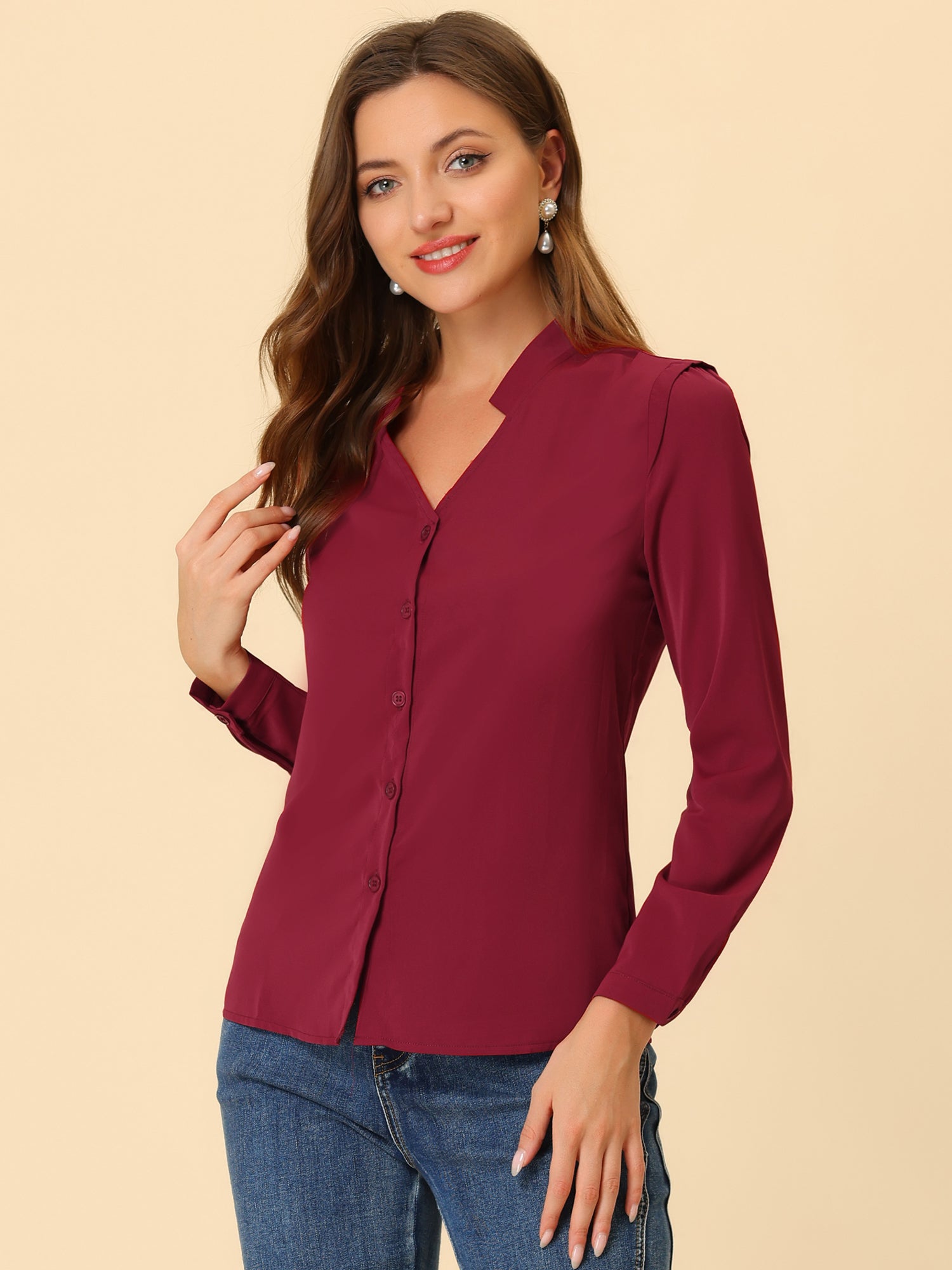 Work Office Blouse Button Up Long Sleeve V Neck Chiffon Shirt