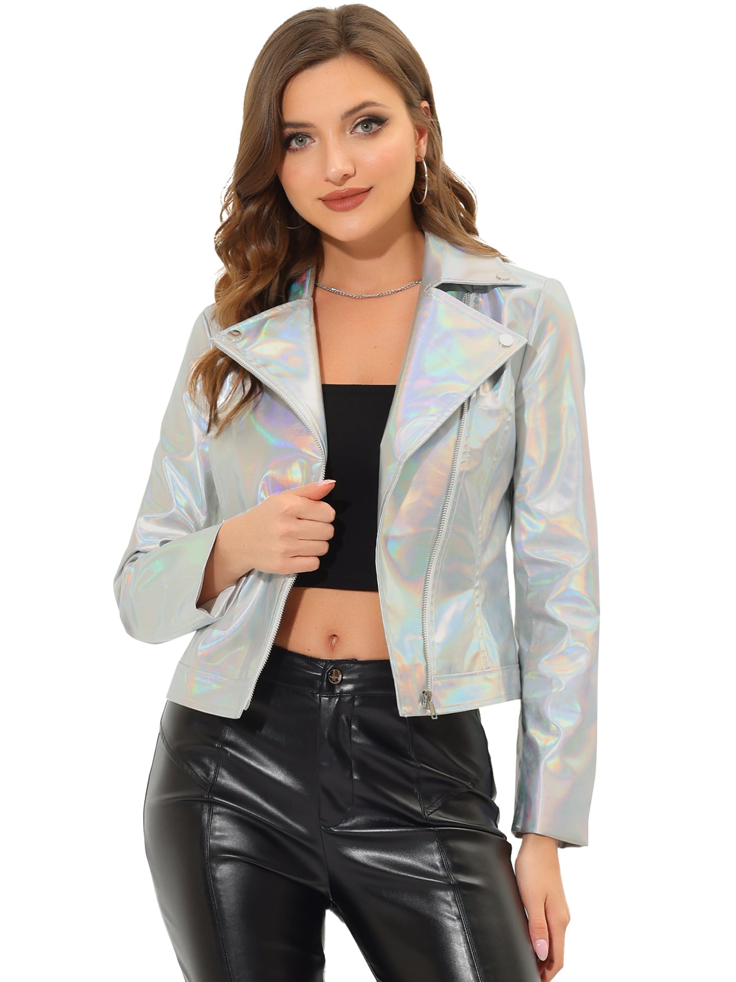 Metallic Biker Holographic Shiny Zipper Notched Jackets