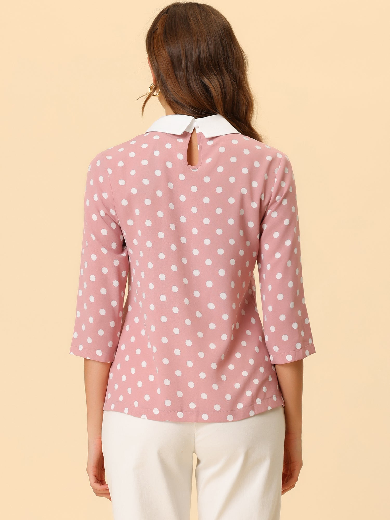 Polka Dots Contrast Peter Pan Collar Top 3/4 Sleeve Blouse Shirt