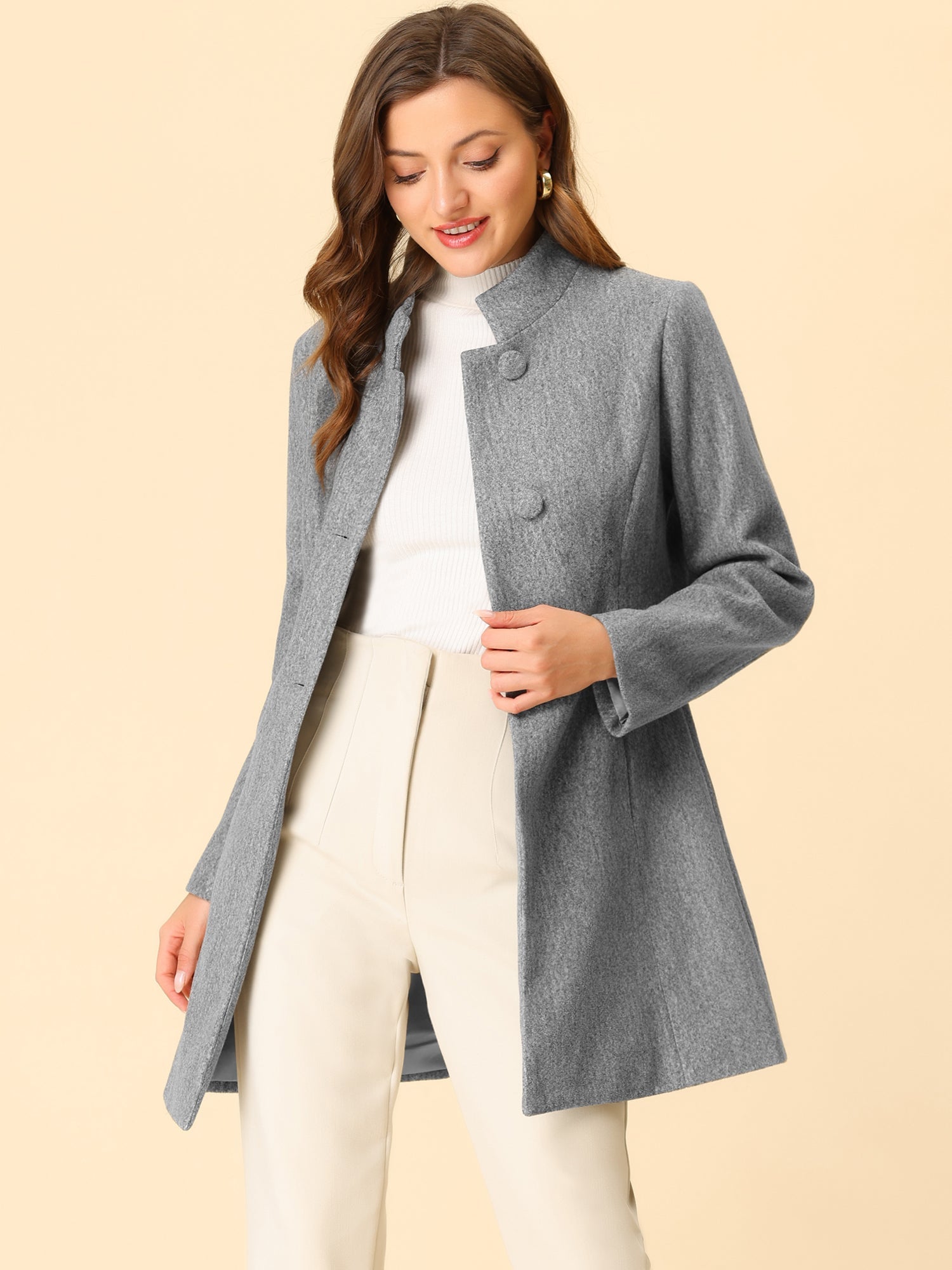 Mid-thigh Stand Collar Single Breasted Long Coat