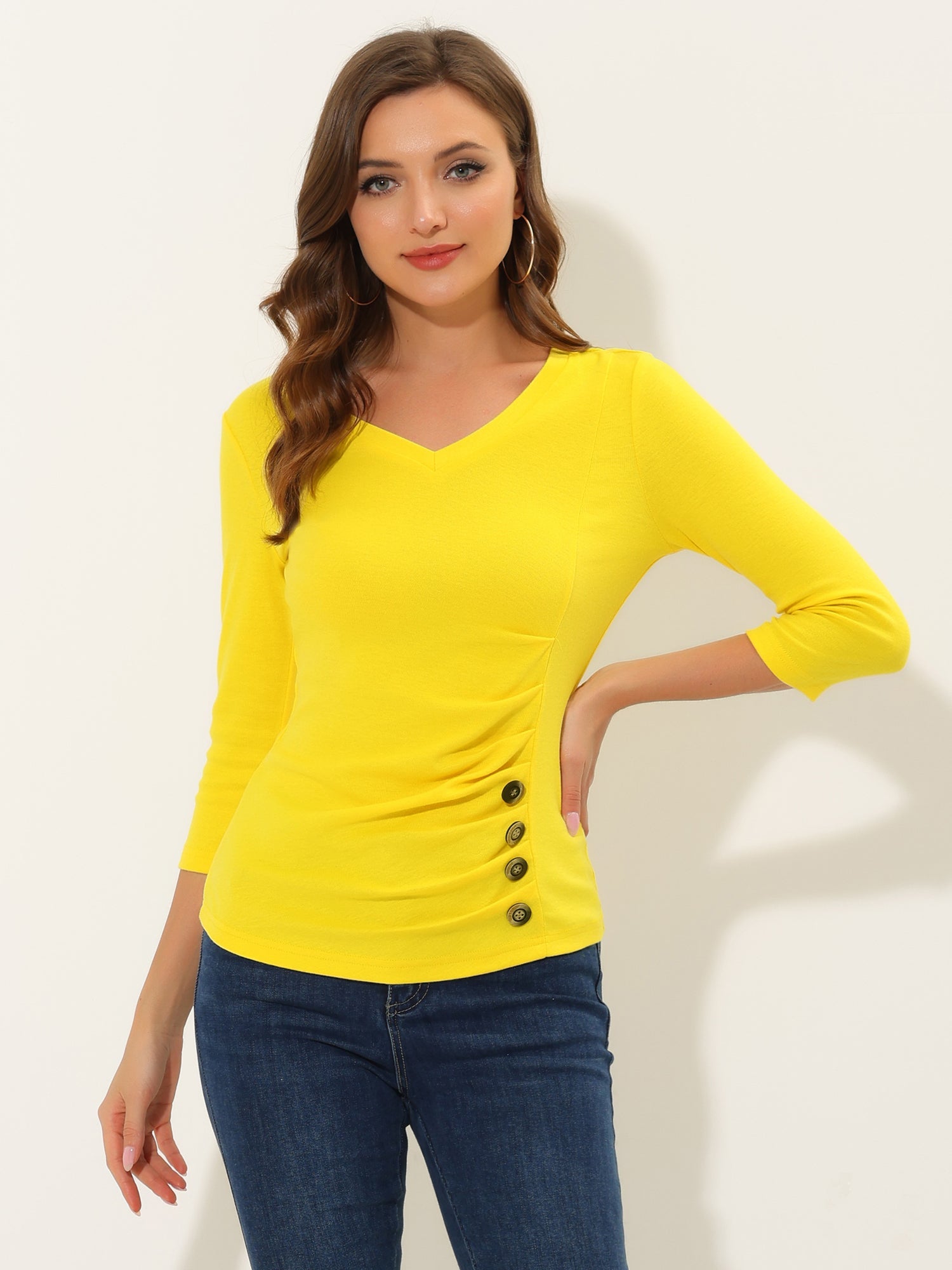 3/4 Sleeve Solid Knitted Button Decor Ruched Blouse