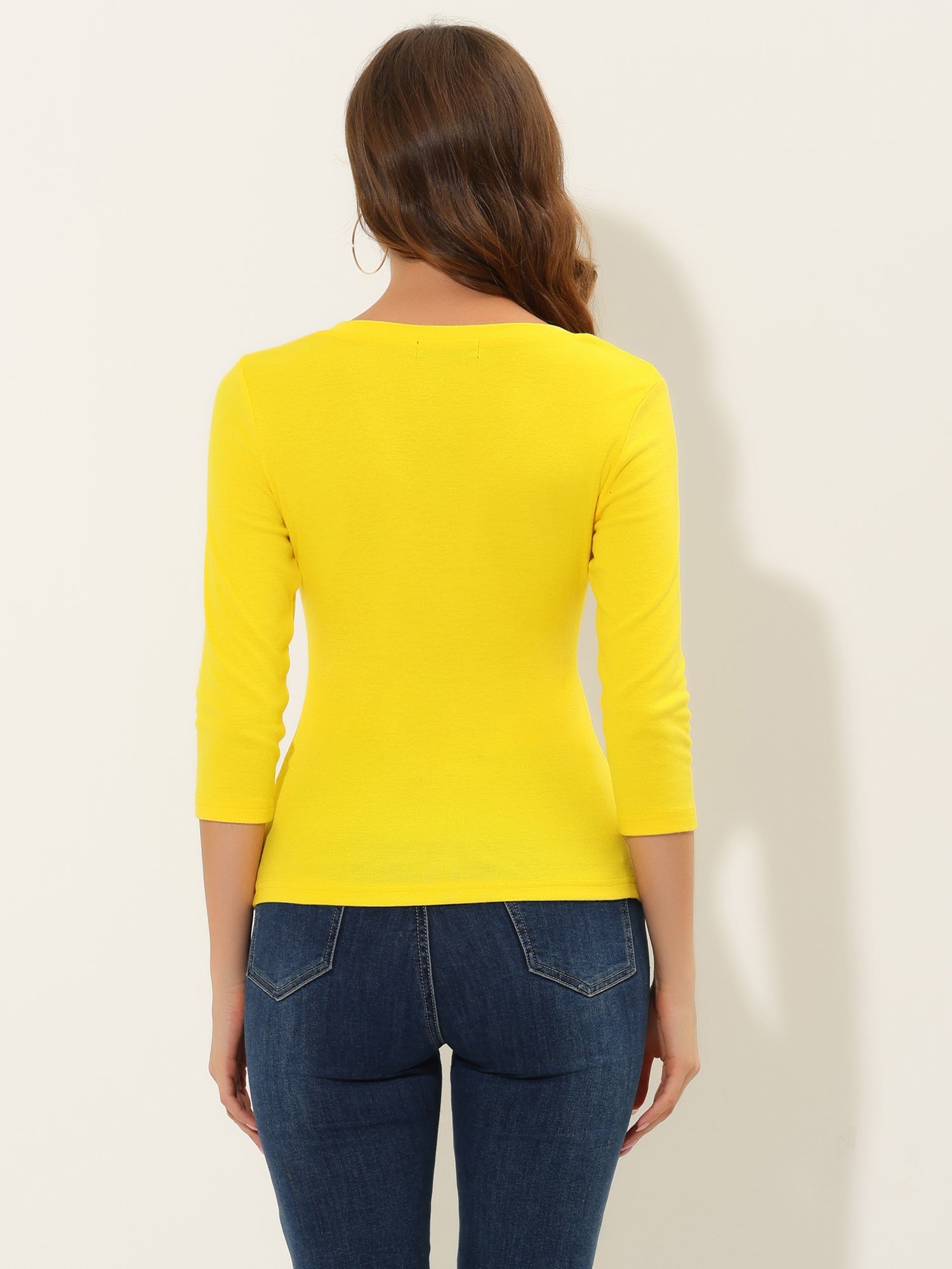 3/4 Sleeve Solid Knitted Button Decor Ruched Blouse