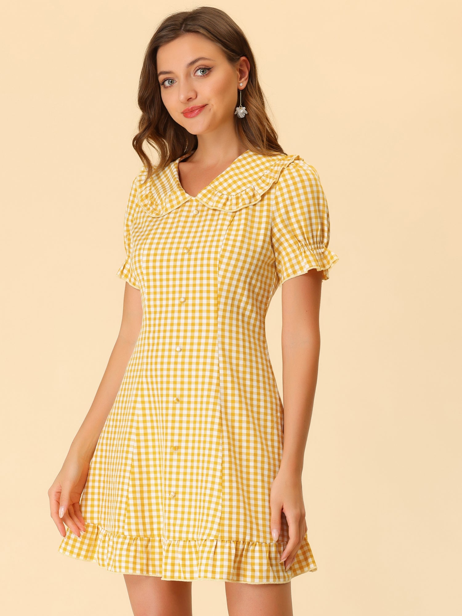 Gingham Checks Ruffled Peter Pan Collar 1960s Vintage Mini Dress