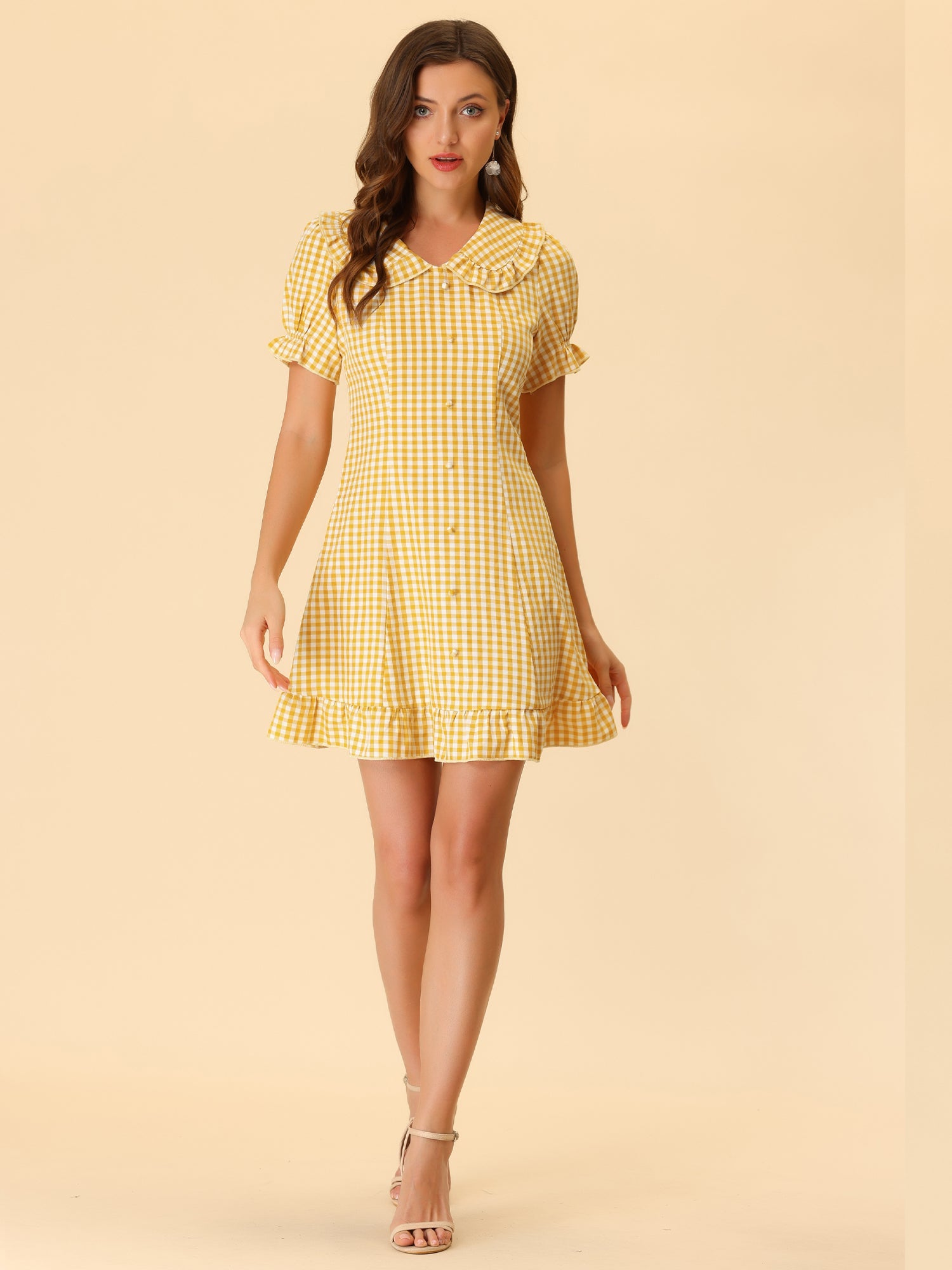 Gingham Checks Ruffled Peter Pan Collar 1960s Vintage Mini Dress