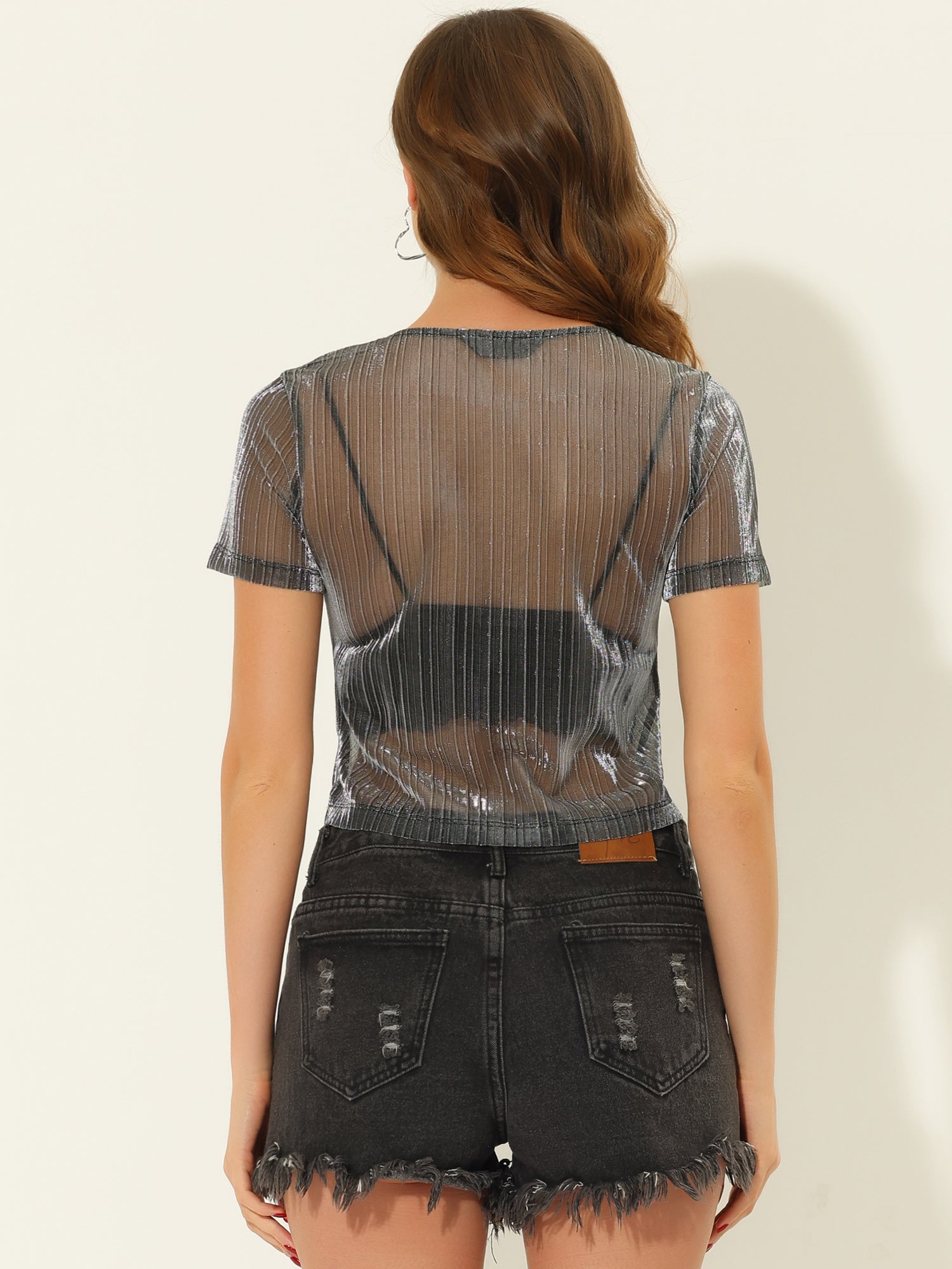 Mesh Short Sleeve Mesh Metallic Party See Through Crop Shirt