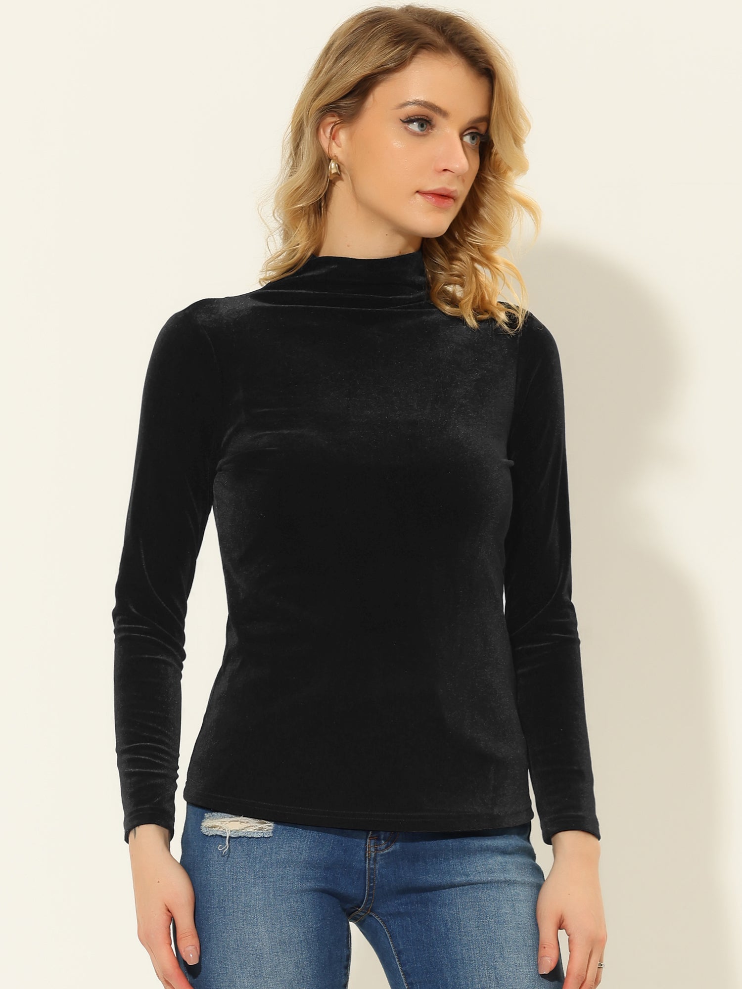 Turtleneck Velvet Top Long Sleeve Work Shirt Basic Velour Blouse