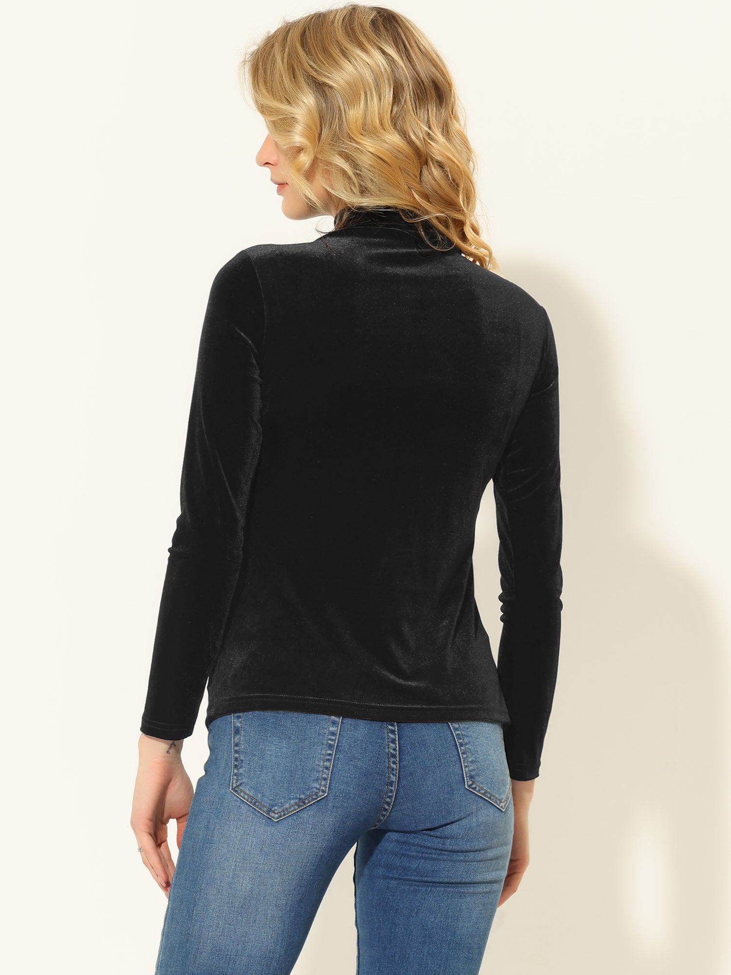 Turtleneck Velvet Top Long Sleeve Work Shirt Basic Velour Blouse