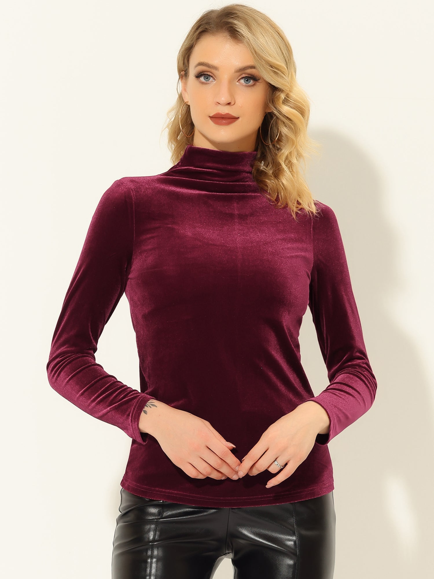 Turtleneck Velvet Top Long Sleeve Work Shirt Basic Velour Blouse