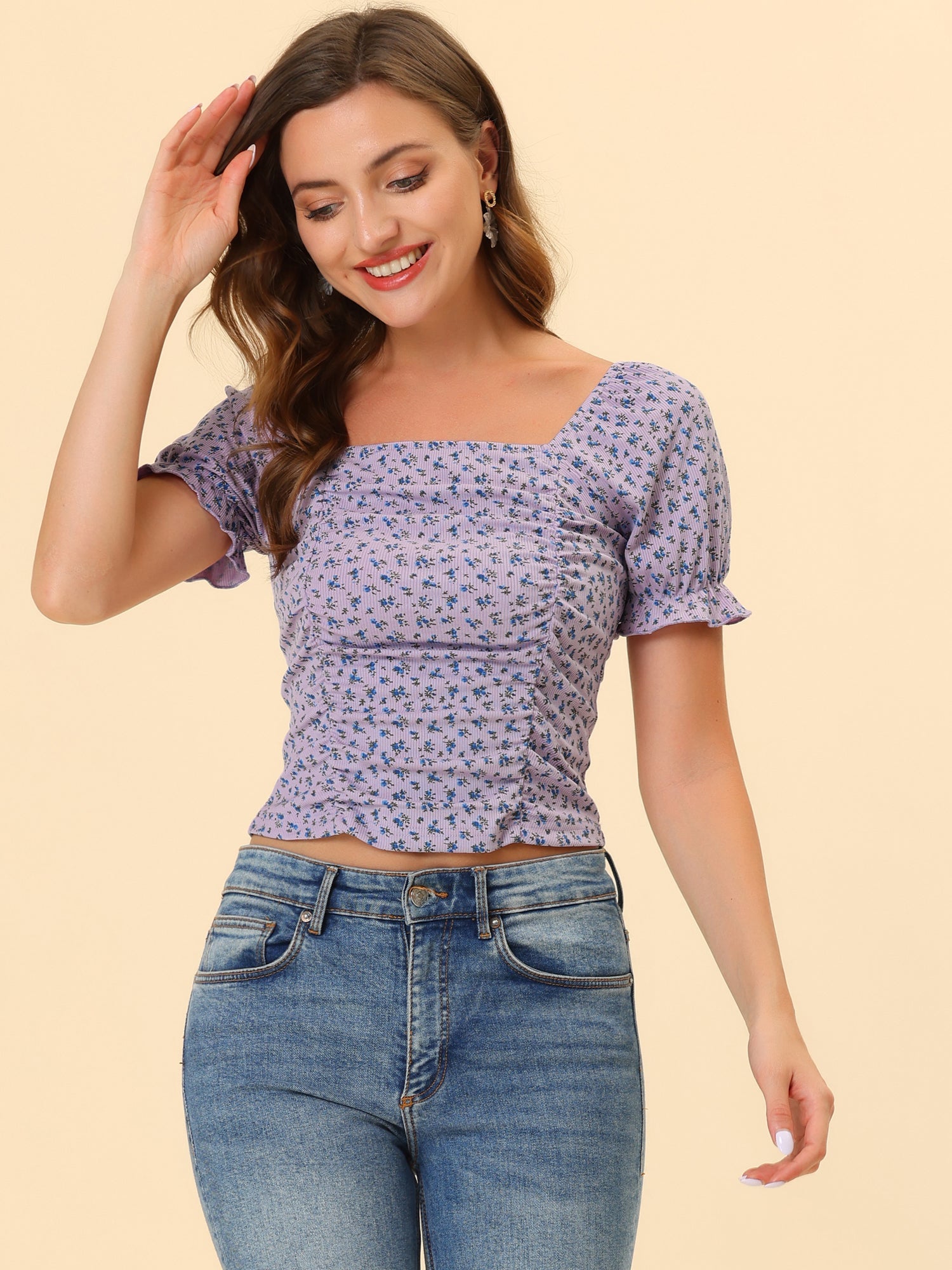 Smocked Crop Top Slim Fit Peasant Floral Blouse