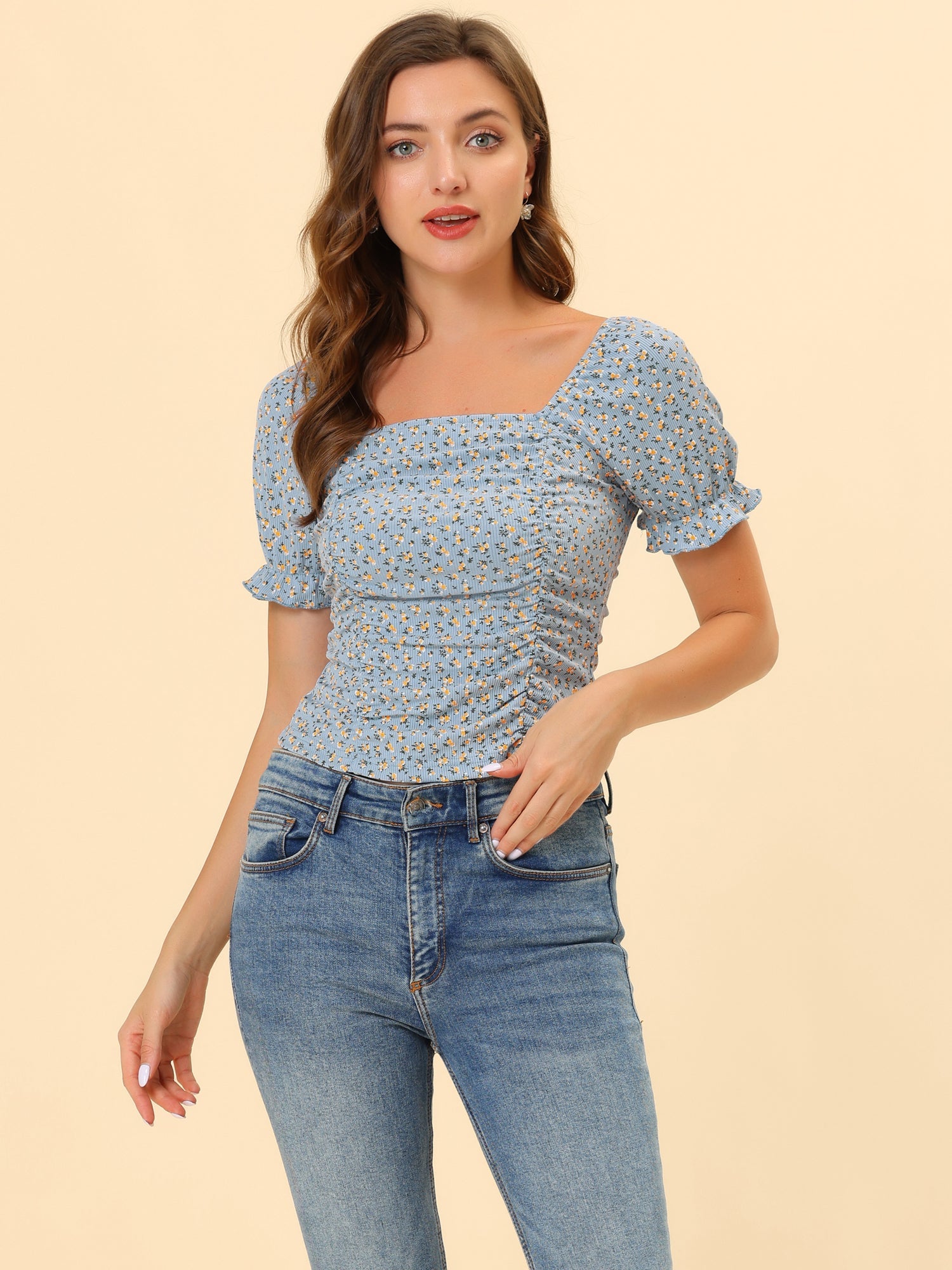 Smocked Crop Top Slim Fit Peasant Floral Blouse
