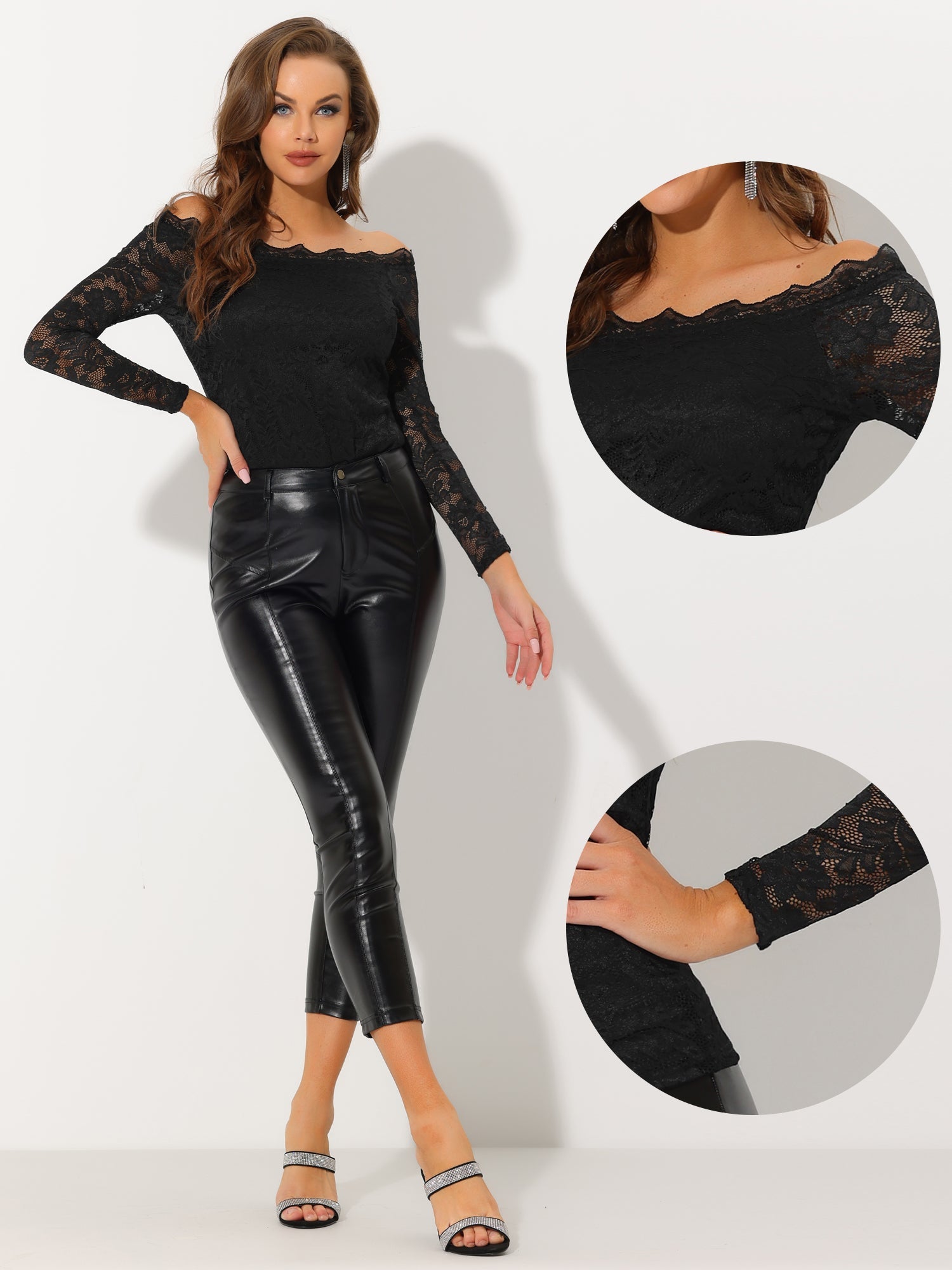 Off Shoulder Floral Lace Top Sheer Long Sleeves Casual Blouse