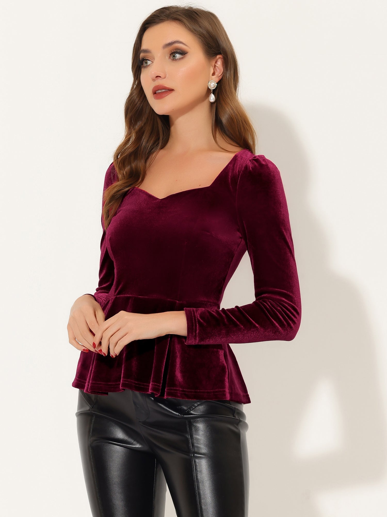 Velvet Blouse Elegant Sweetheart Neck Long Sleeve Peplum Top