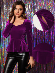 Velvet Blouse Elegant Sweetheart Neck Long Sleeve Peplum Top