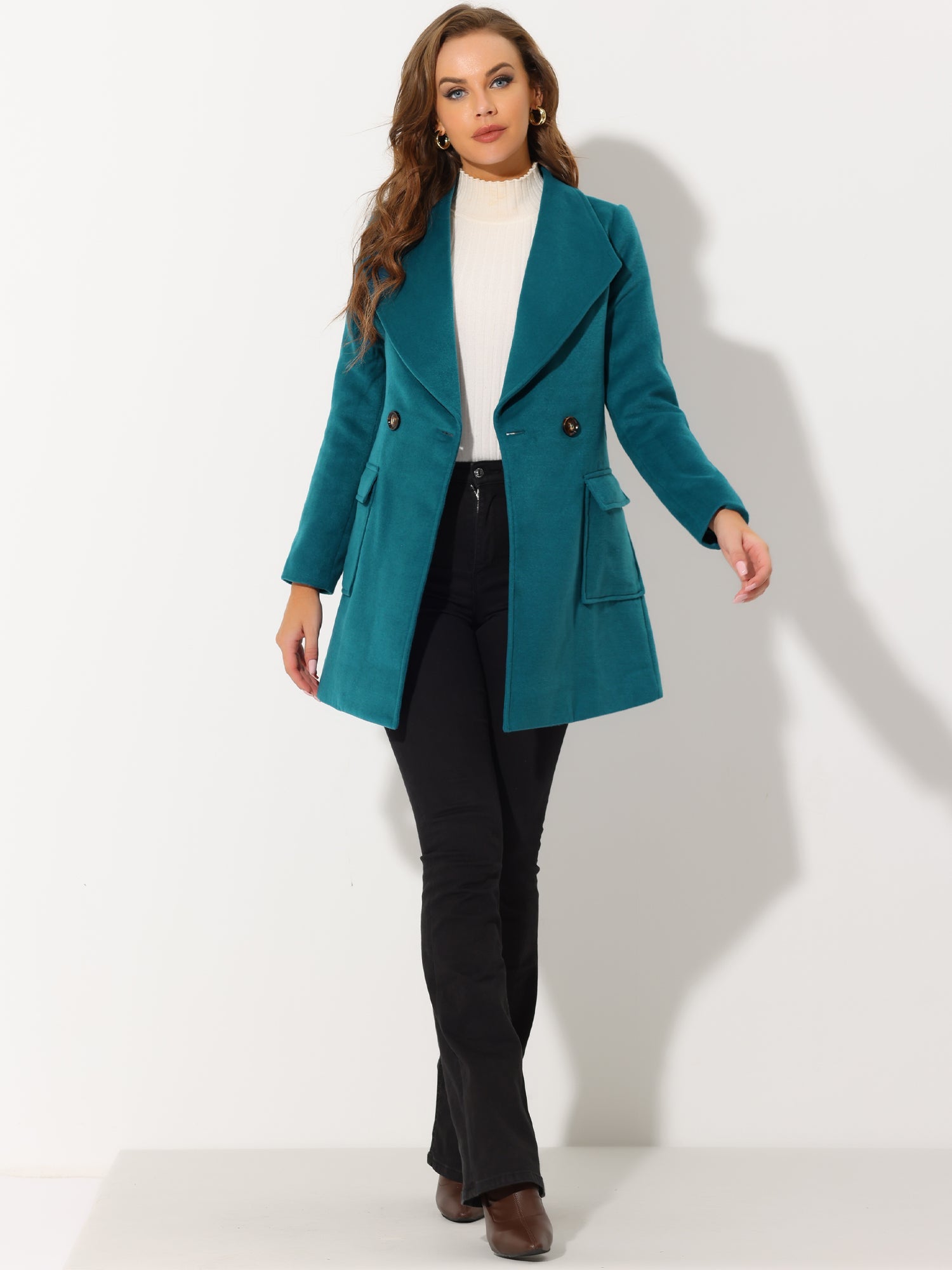 Shawl Collar Lapel Double Breasted Winter Belted Coat with Pockets