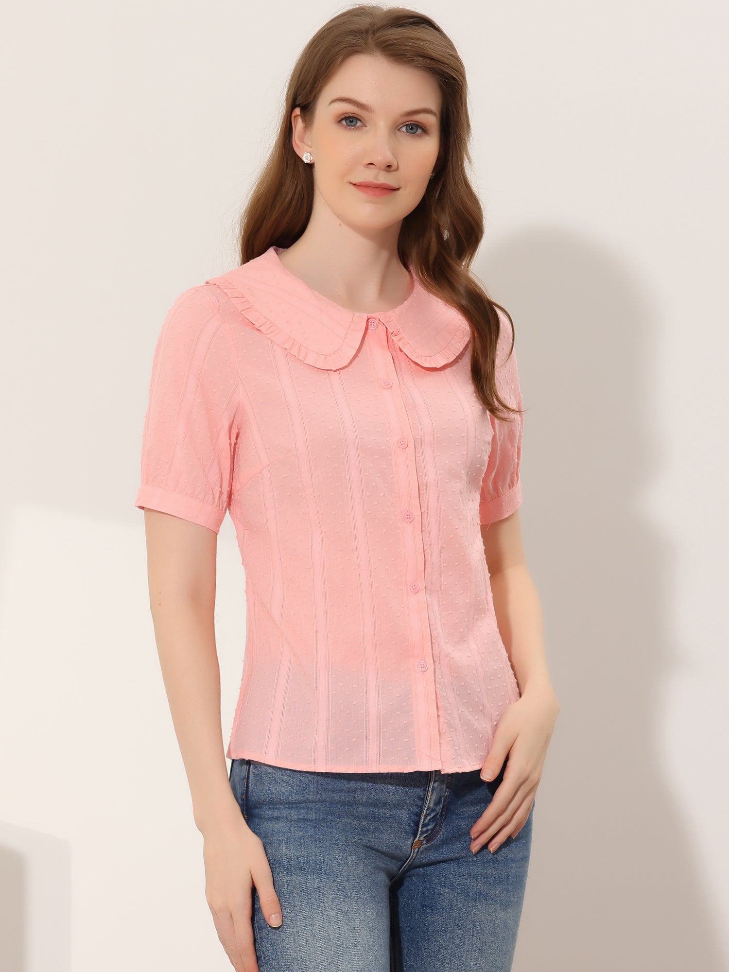 Peter Pan Collar Swiss Dots Short Sleeve Button Front Shirt Blouse