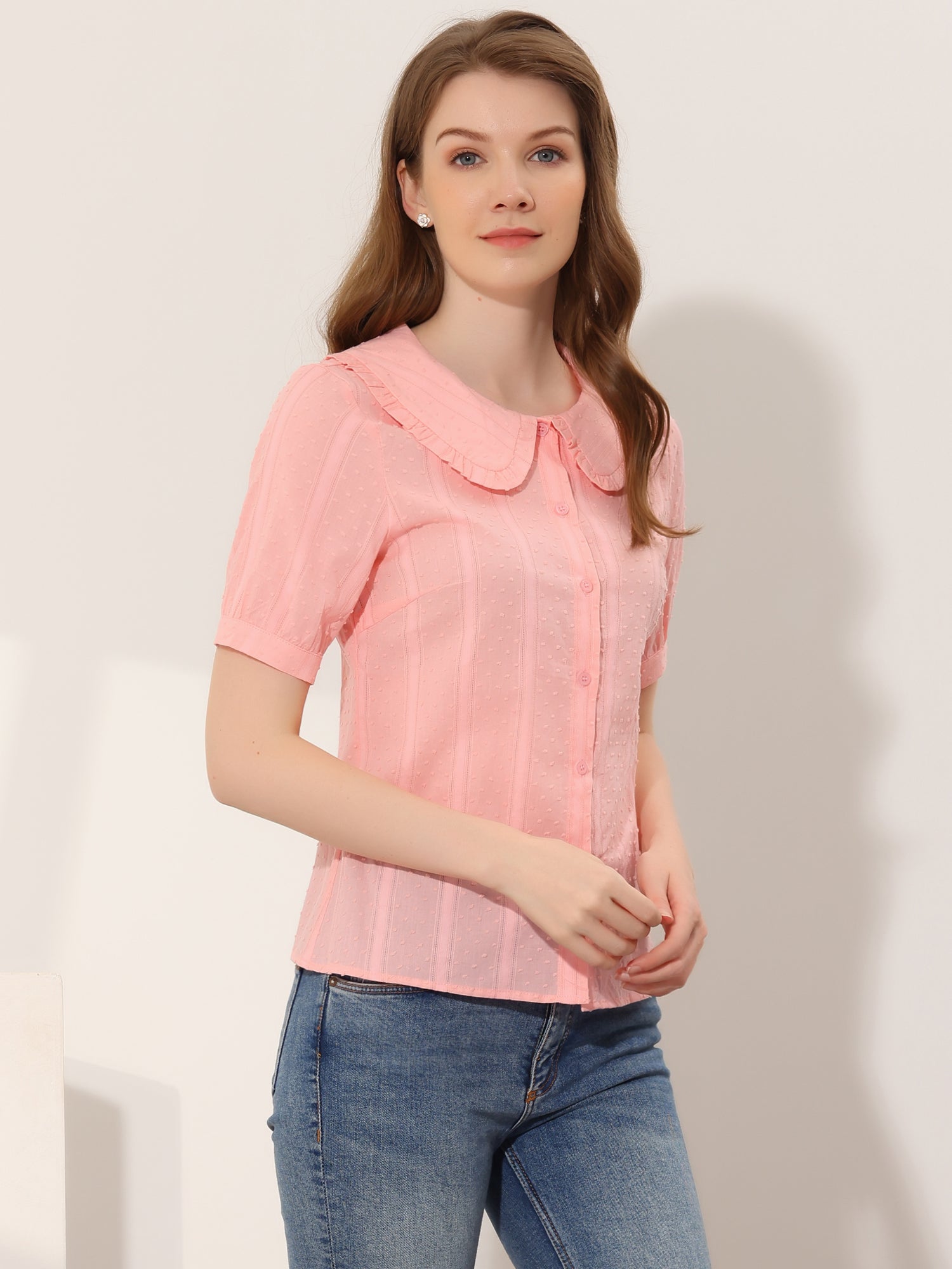 Peter Pan Collar Swiss Dots Short Sleeve Button Front Shirt Blouse