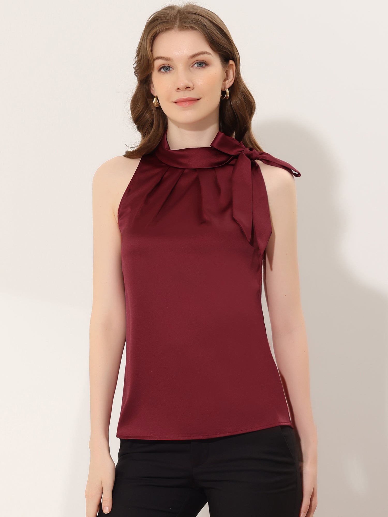 Elegant Satin Sleeveless Tie Knot Mock Neck Solid Work Blouse Top
