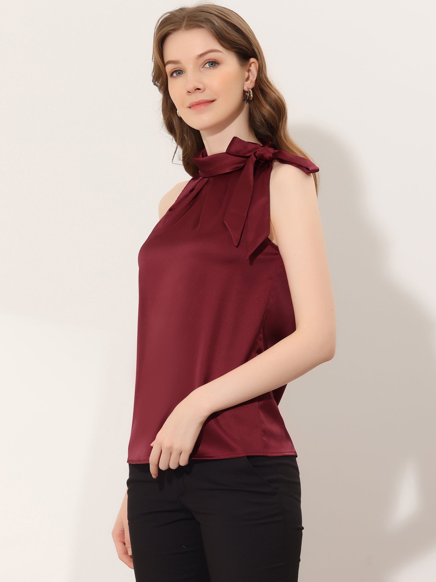 Elegant Satin Sleeveless Tie Knot Mock Neck Solid Work Blouse Top