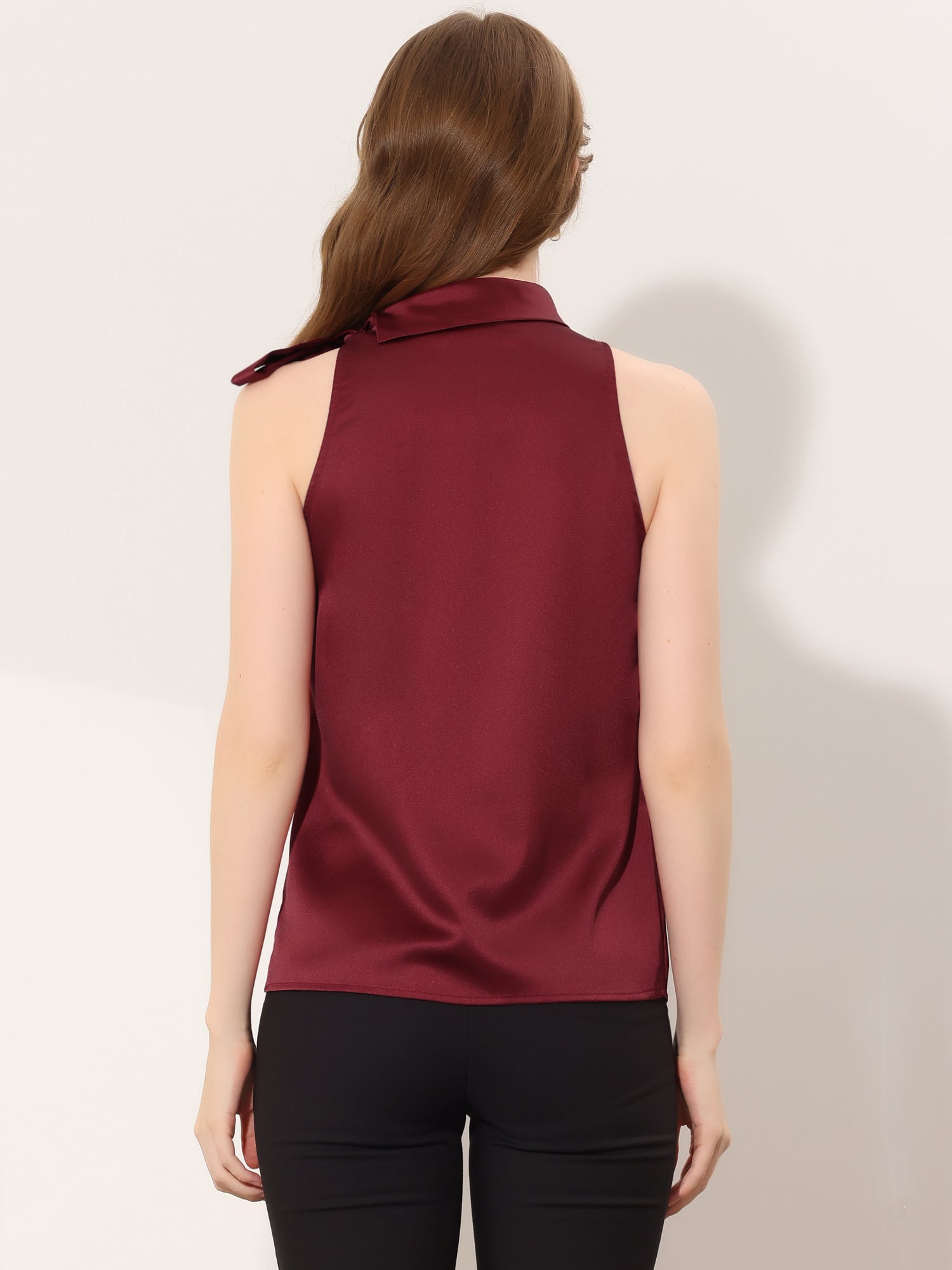 Elegant Satin Sleeveless Tie Knot Mock Neck Solid Work Blouse Top
