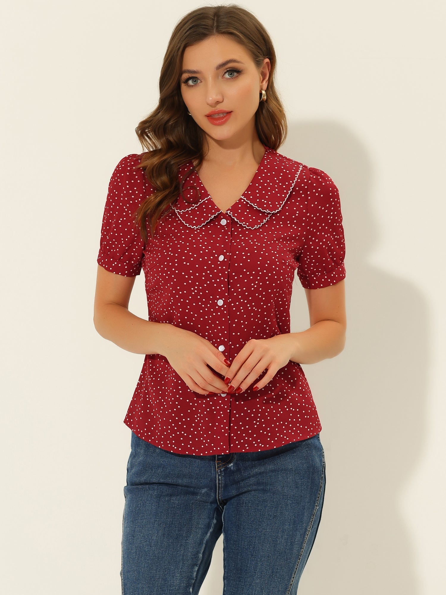 Polka Dot Peter Pan Collar Rockabilly Puff Short Sleeve Shirt