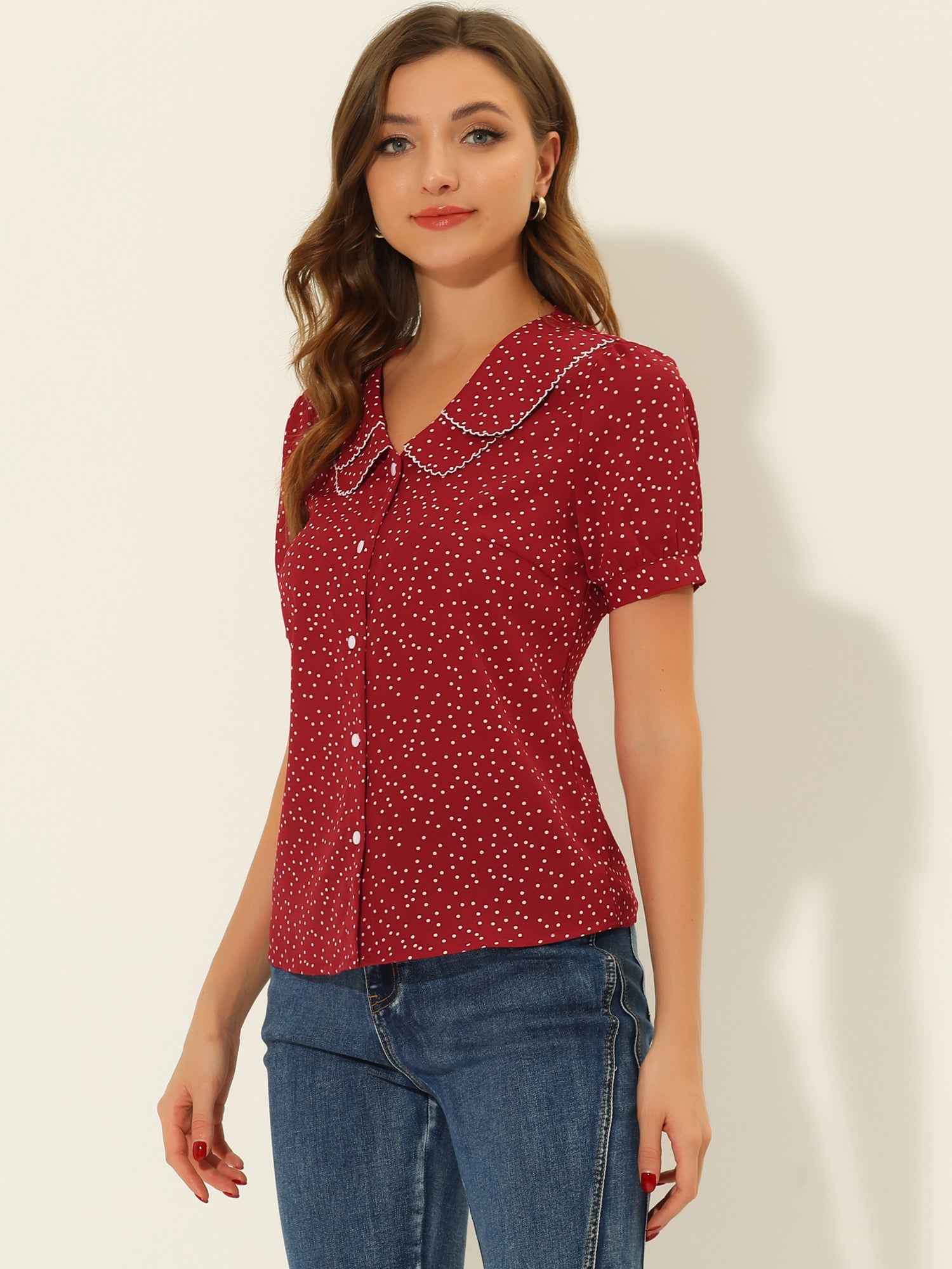Polka Dot Peter Pan Collar Rockabilly Puff Short Sleeve Shirt