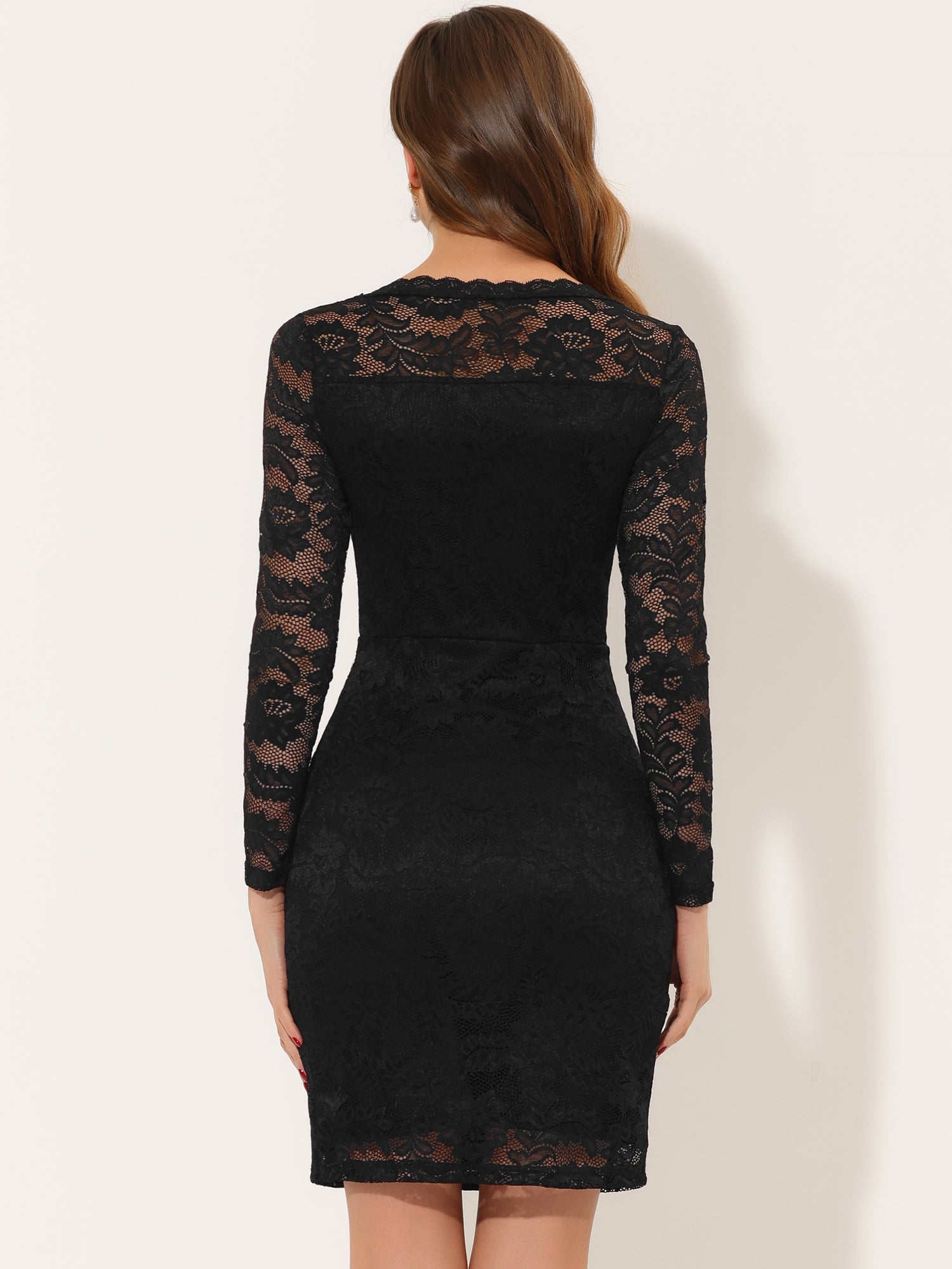 Lace Boat Neck Long Sleeve Cocktail Bodycon Pencil Dress