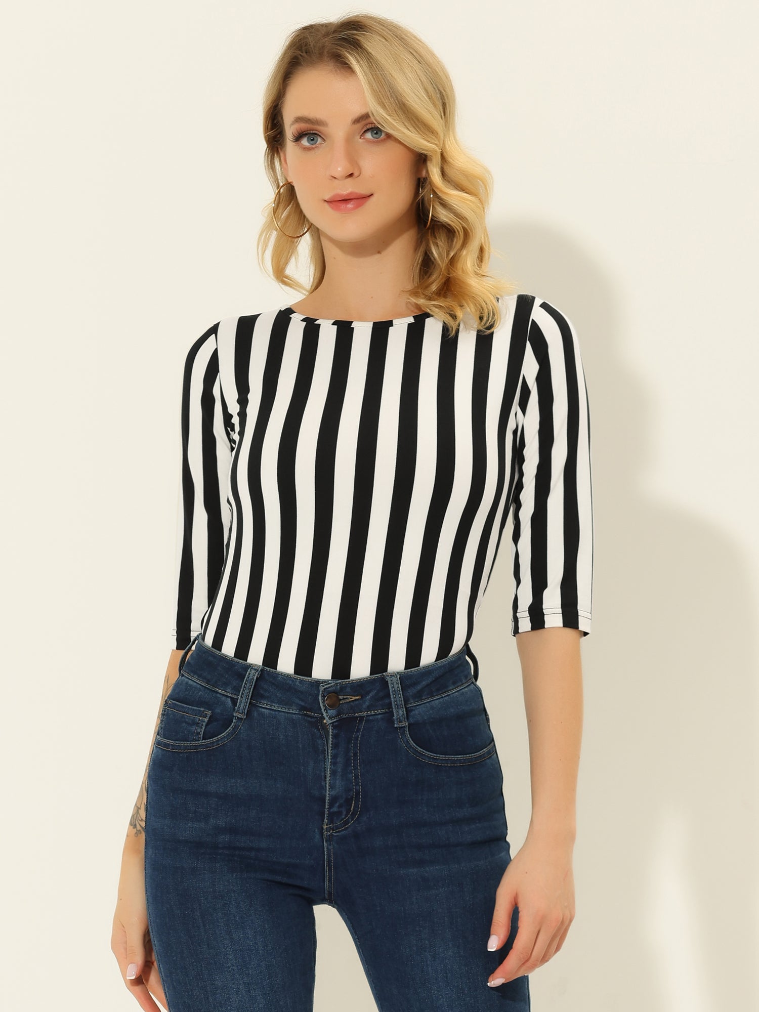 3/4 Sleeve Round Neck Casual Striped T-Shirt