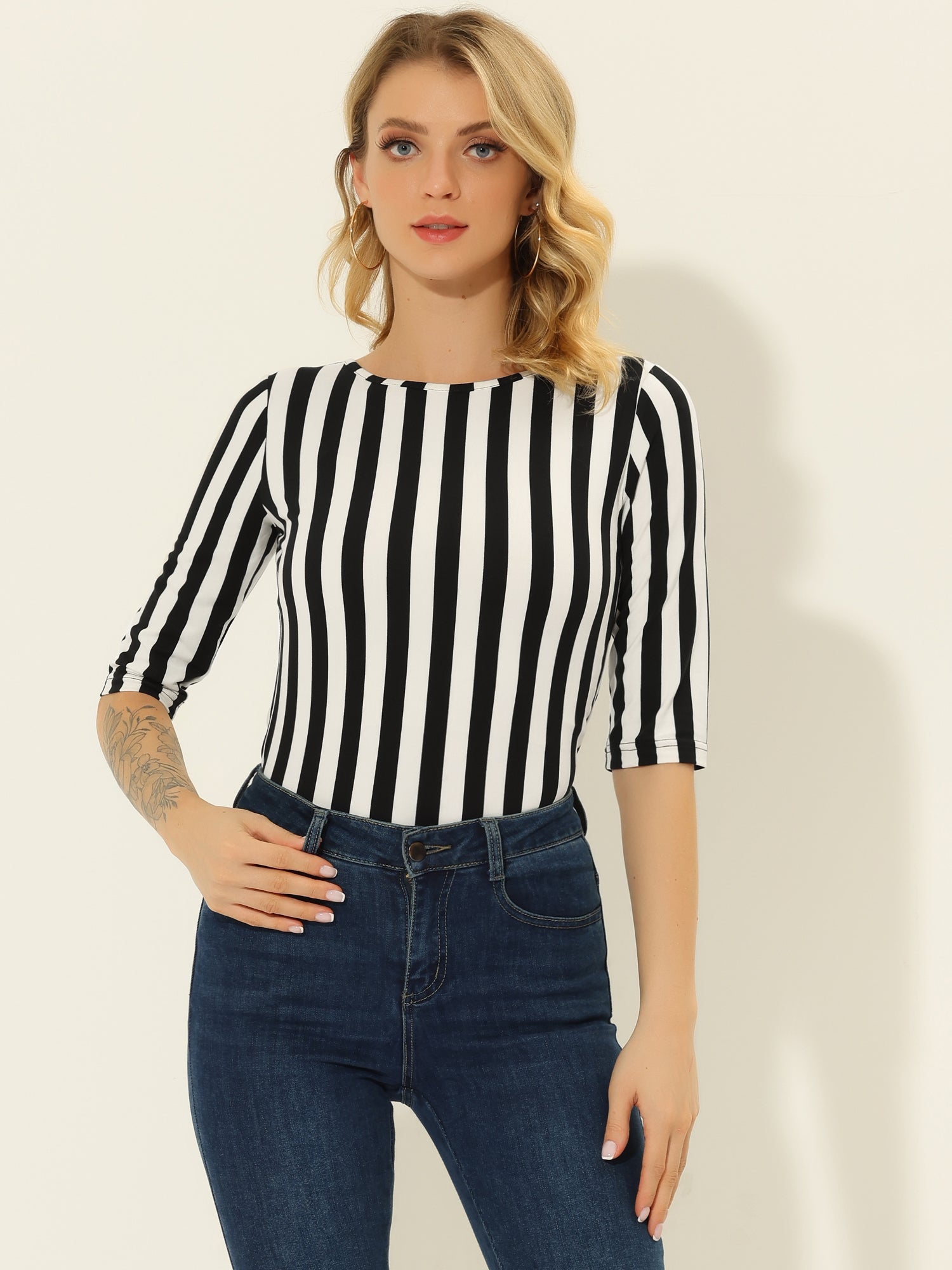 3/4 Sleeve Round Neck Casual Striped T-Shirt