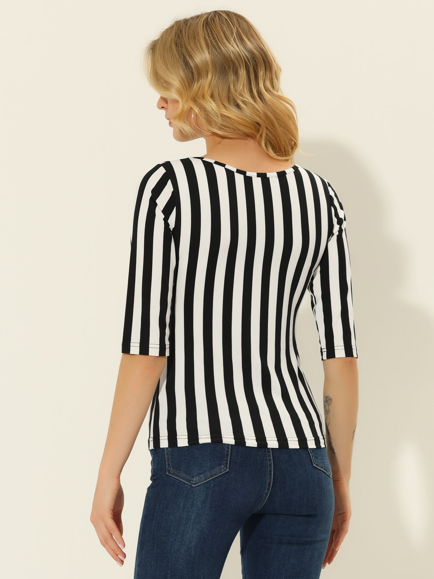 3/4 Sleeve Round Neck Casual Striped T-Shirt
