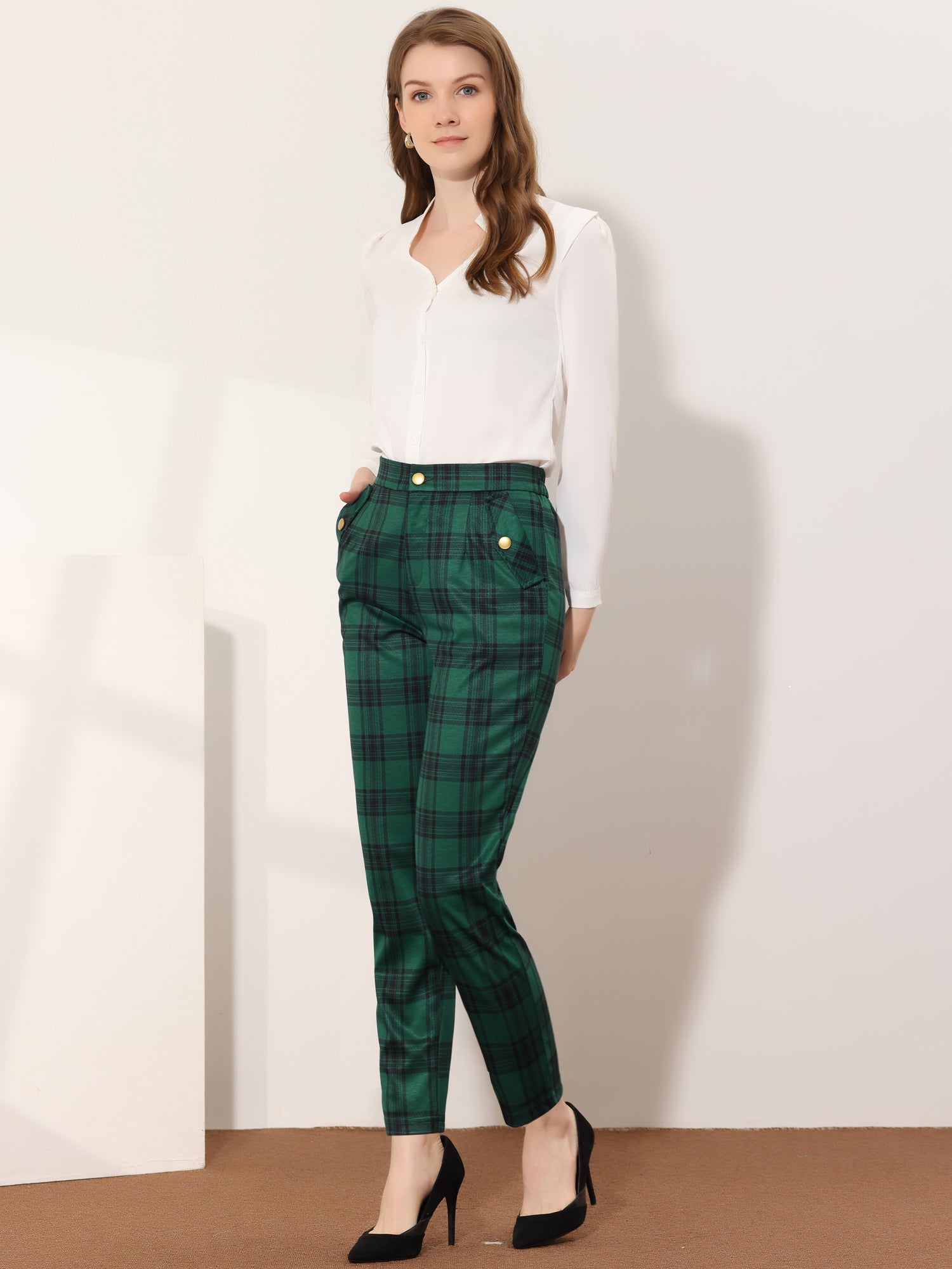 Tartan Plaid Pants Elastic Waist Straight Long Trousers