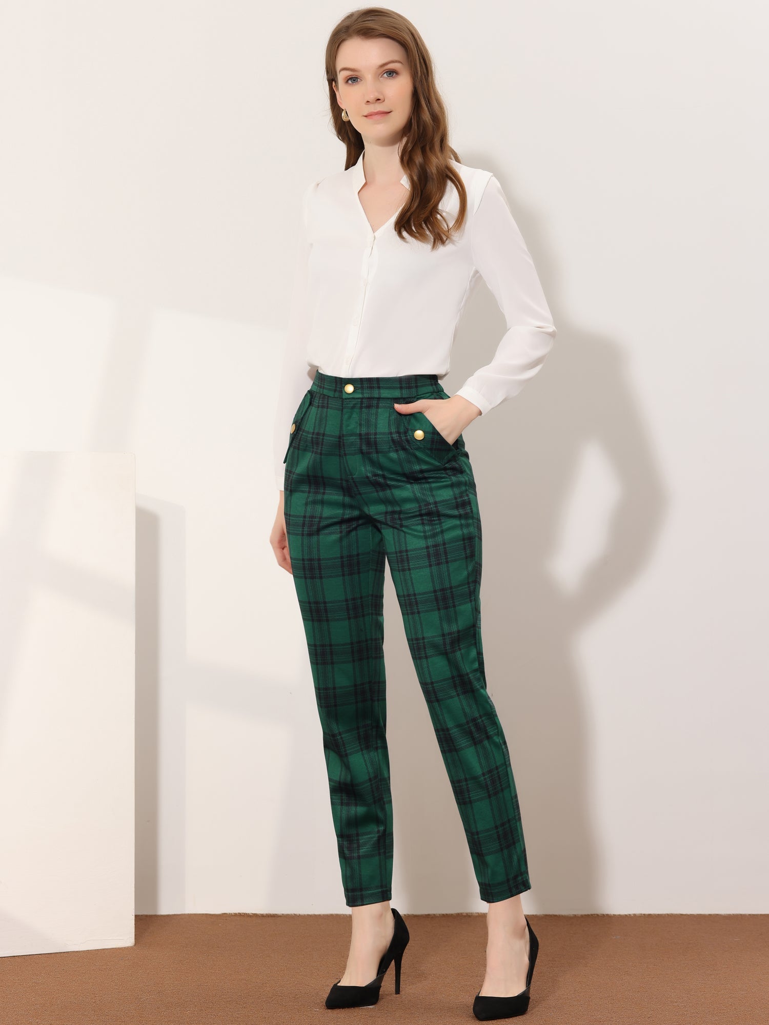 Tartan Plaid Pants Elastic Waist Straight Long Trousers