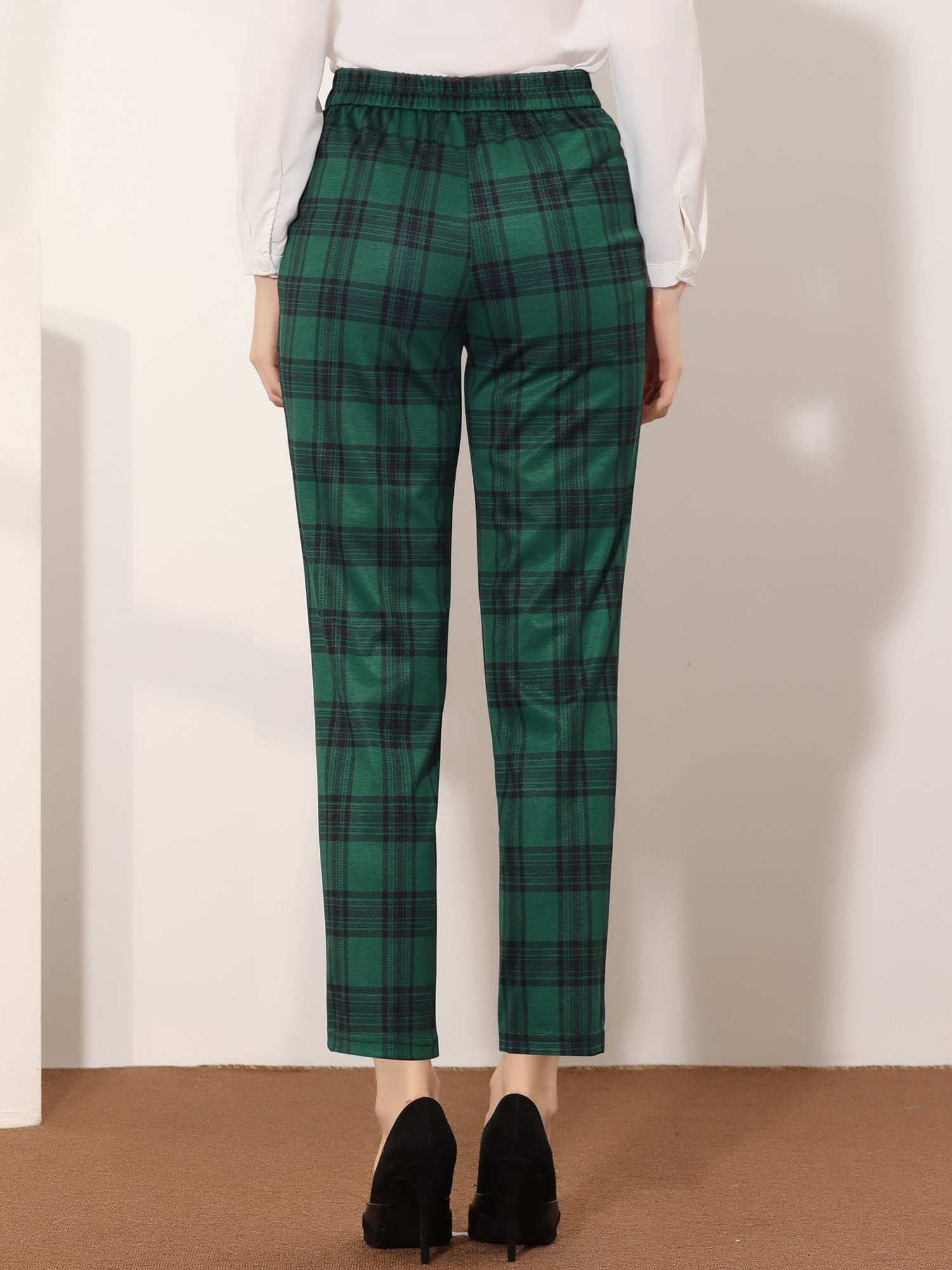 Tartan Plaid Pants Elastic Waist Straight Long Trousers
