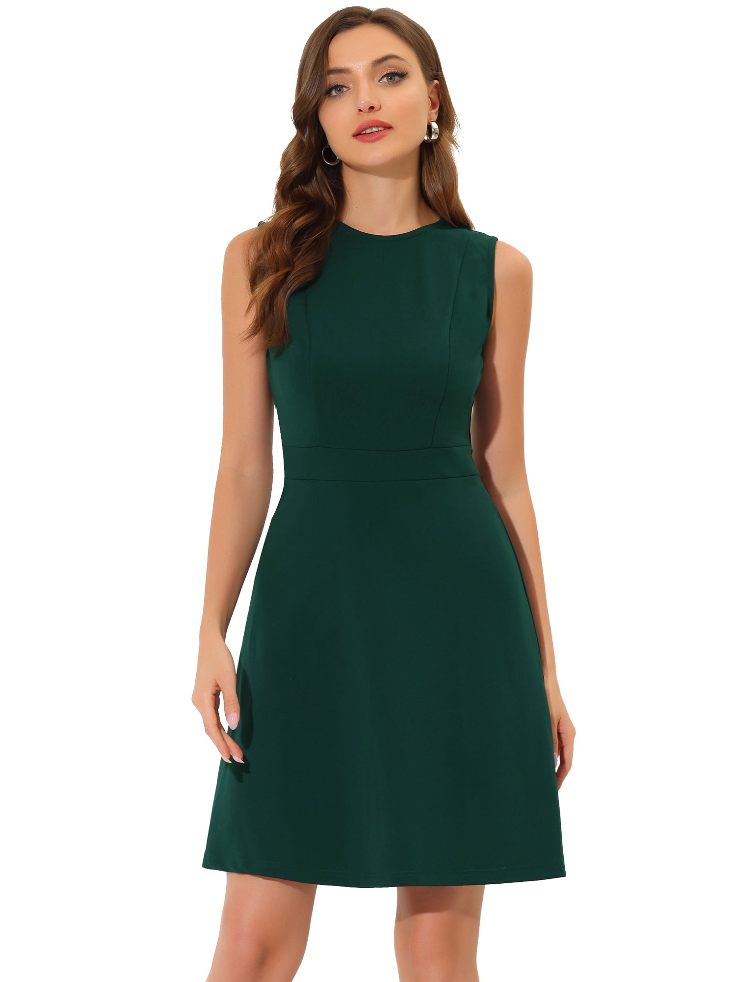 Round Neck Solid Color Sleeveless A-Line Work Midi Dress