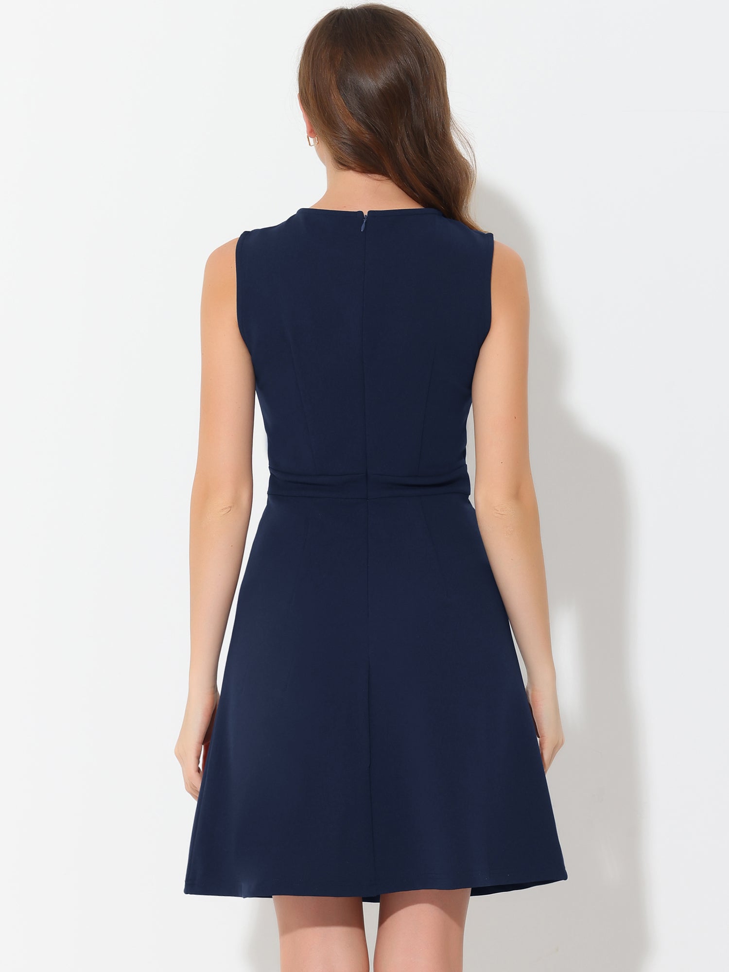 Round Neck Solid Color Sleeveless A-Line Work Midi Dress