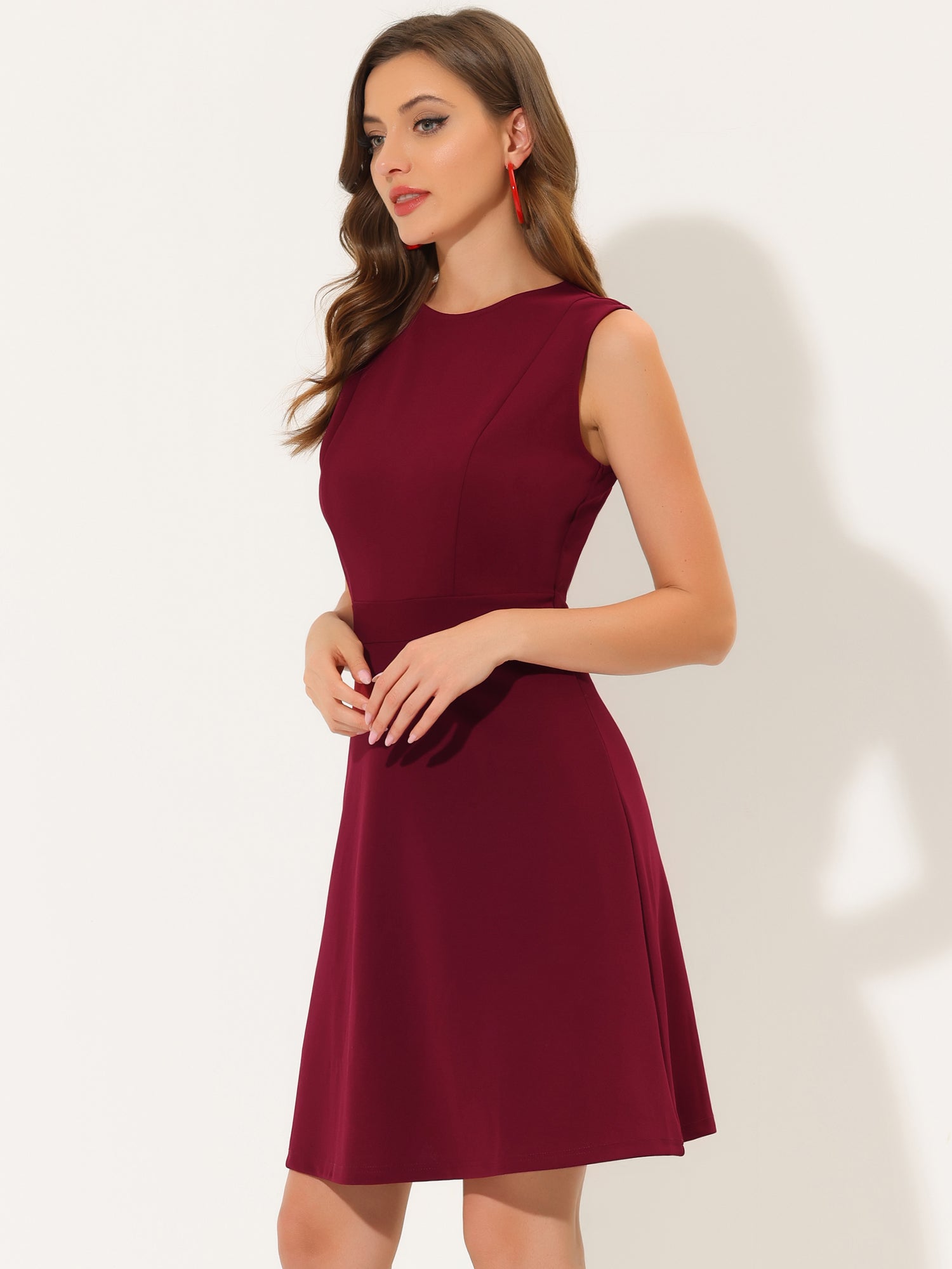 Round Neck Solid Color Sleeveless A-Line Work Midi Dress