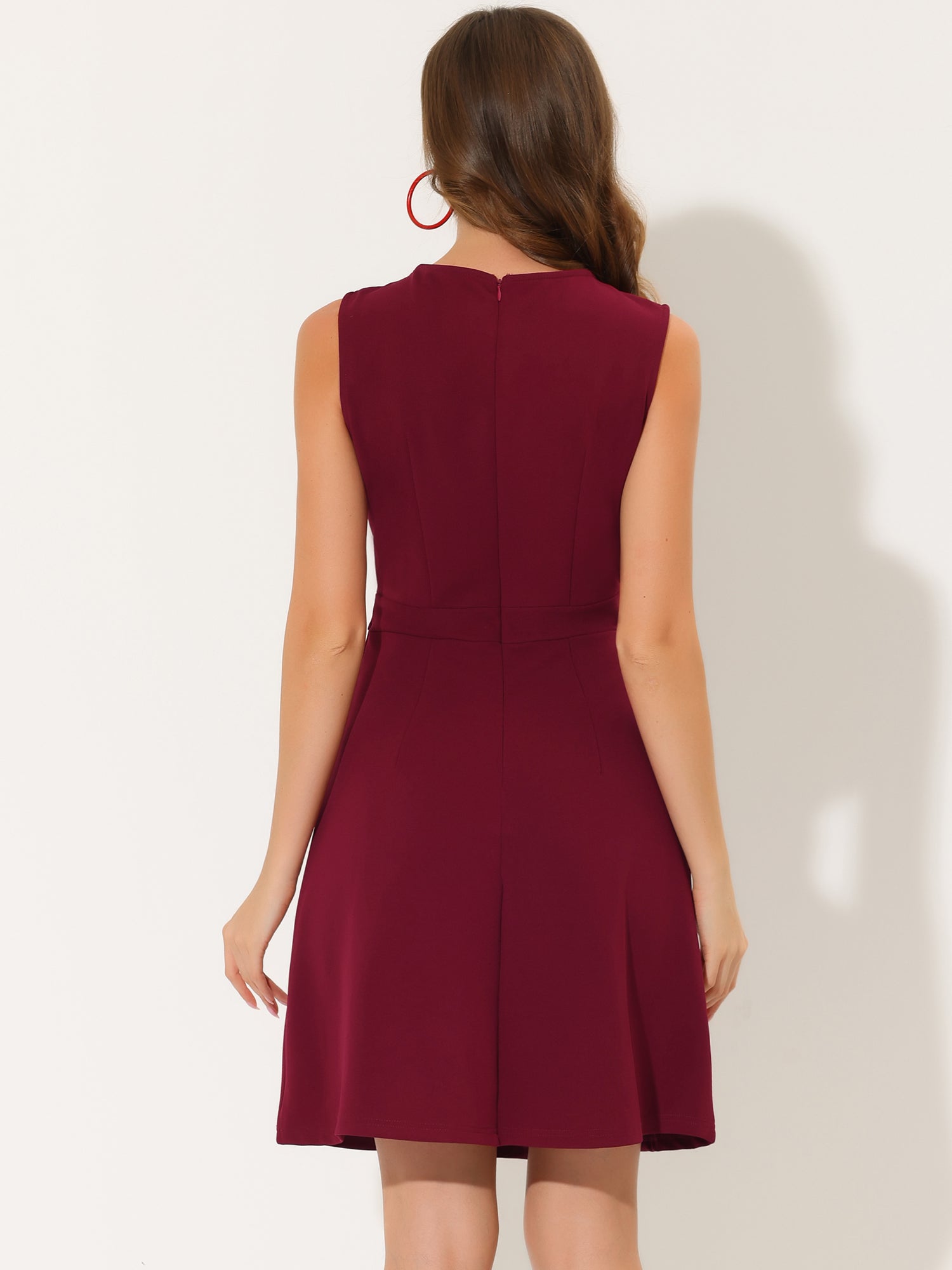 Round Neck Solid Color Sleeveless A-Line Work Midi Dress